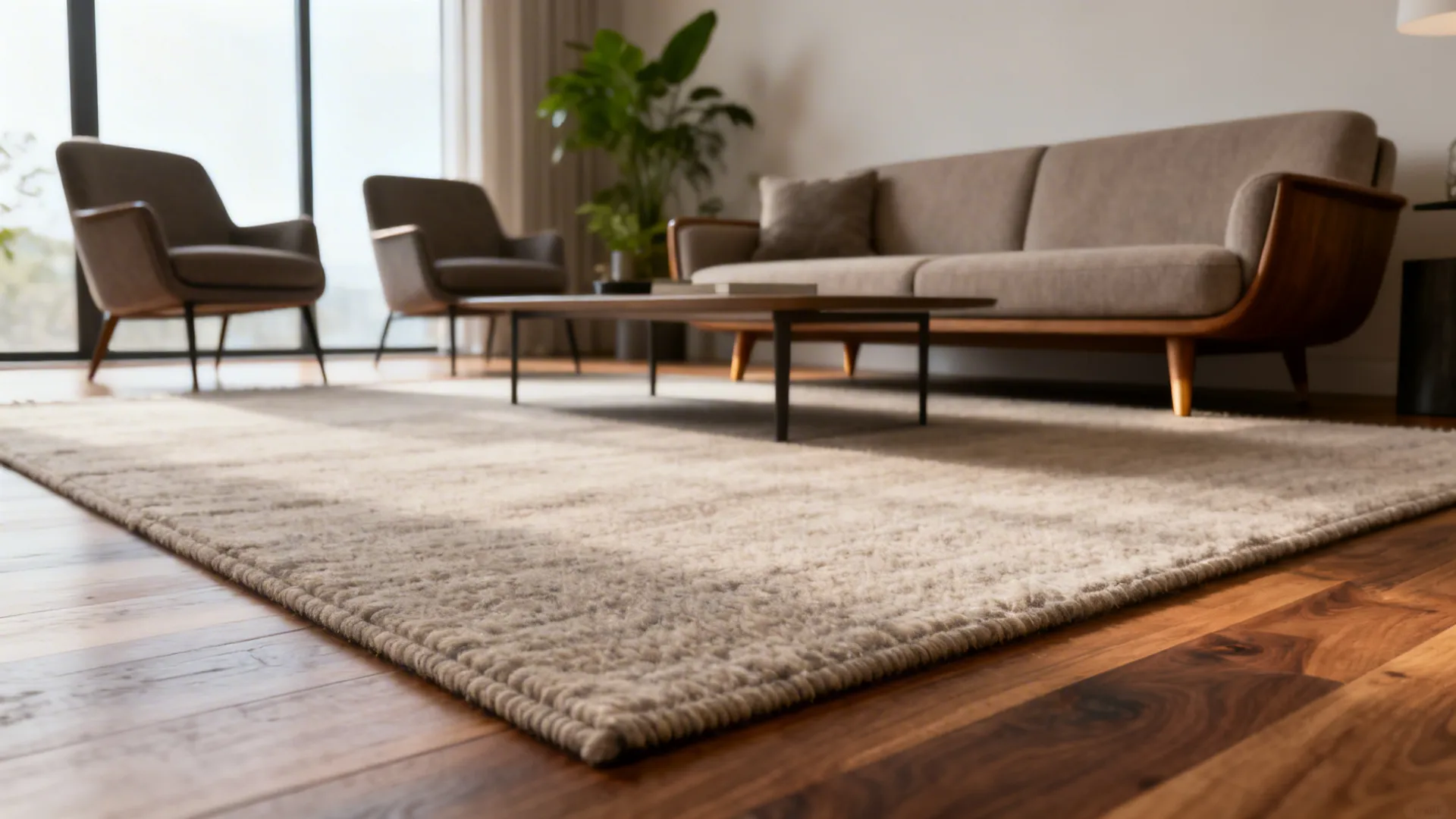 Large patterned area rug on wooden floor in living room with sofa cabinet and sunlight