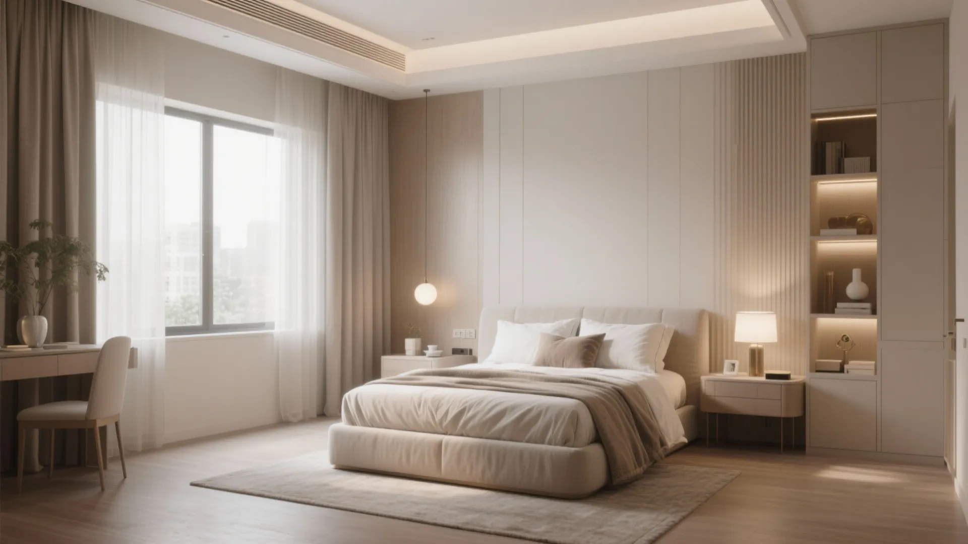 Luxury bedroom design with beige wall panel built in cabinet desk and soft warm lighting