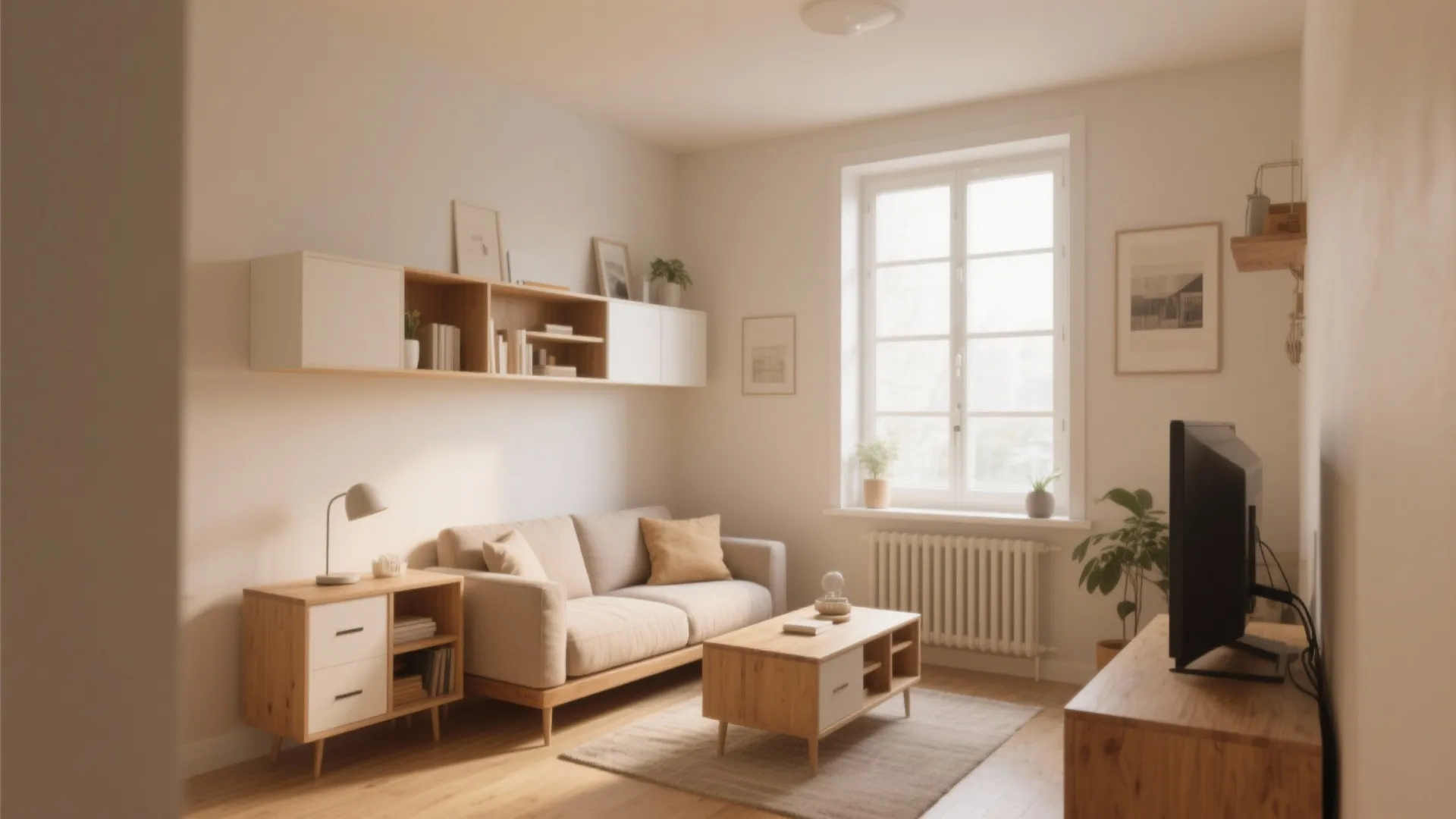 Bright cozy living room with cream sofa wood coffee table white window and small radiator