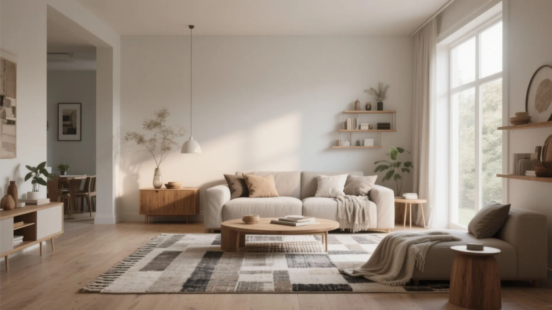 Modern neutral living room featuring beige sofa, wooden coffee table, patterned rug, and wall shelves