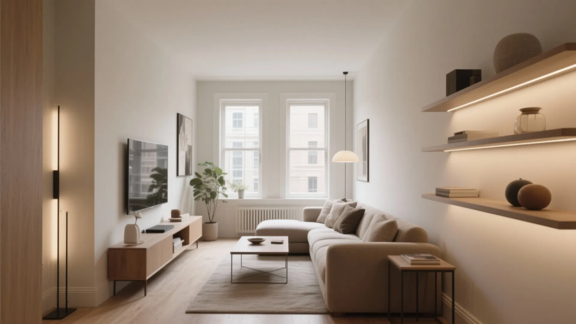 Narrow living room with beige sofa wooden cabinet wall shelves floor lamp and white walls