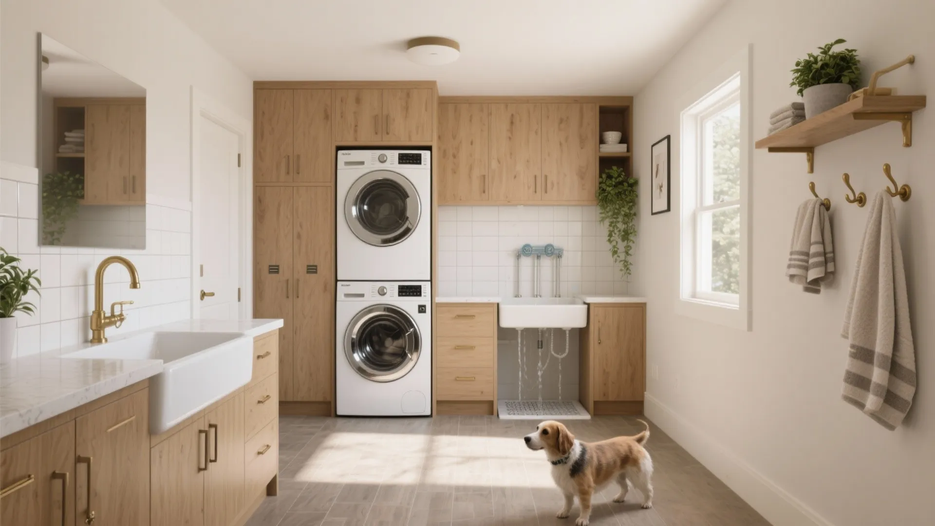 Modern laundry room featuring wooden cabinets white washing machine dryer sink and a small brown dog