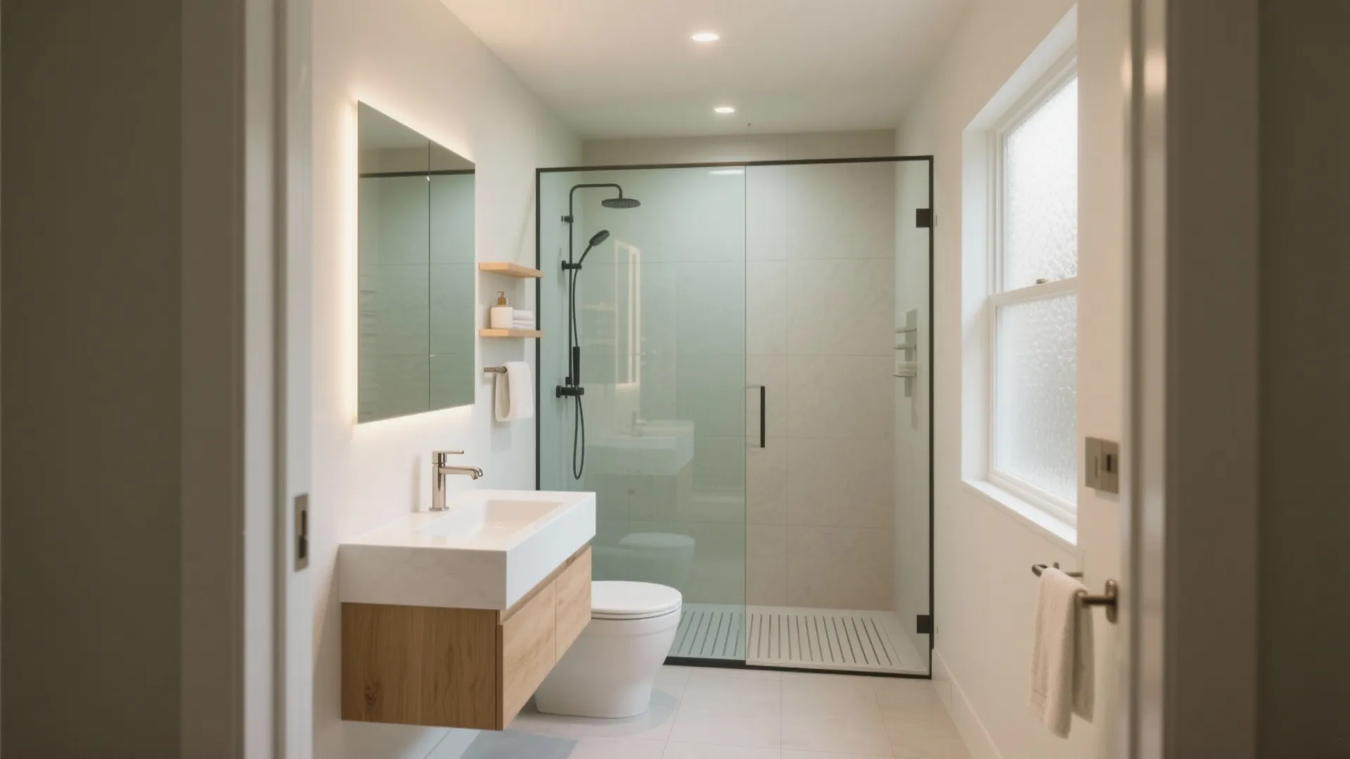Modern white bathroom featuring glass shower door wooden cabinet white toilet and warm mirror light
