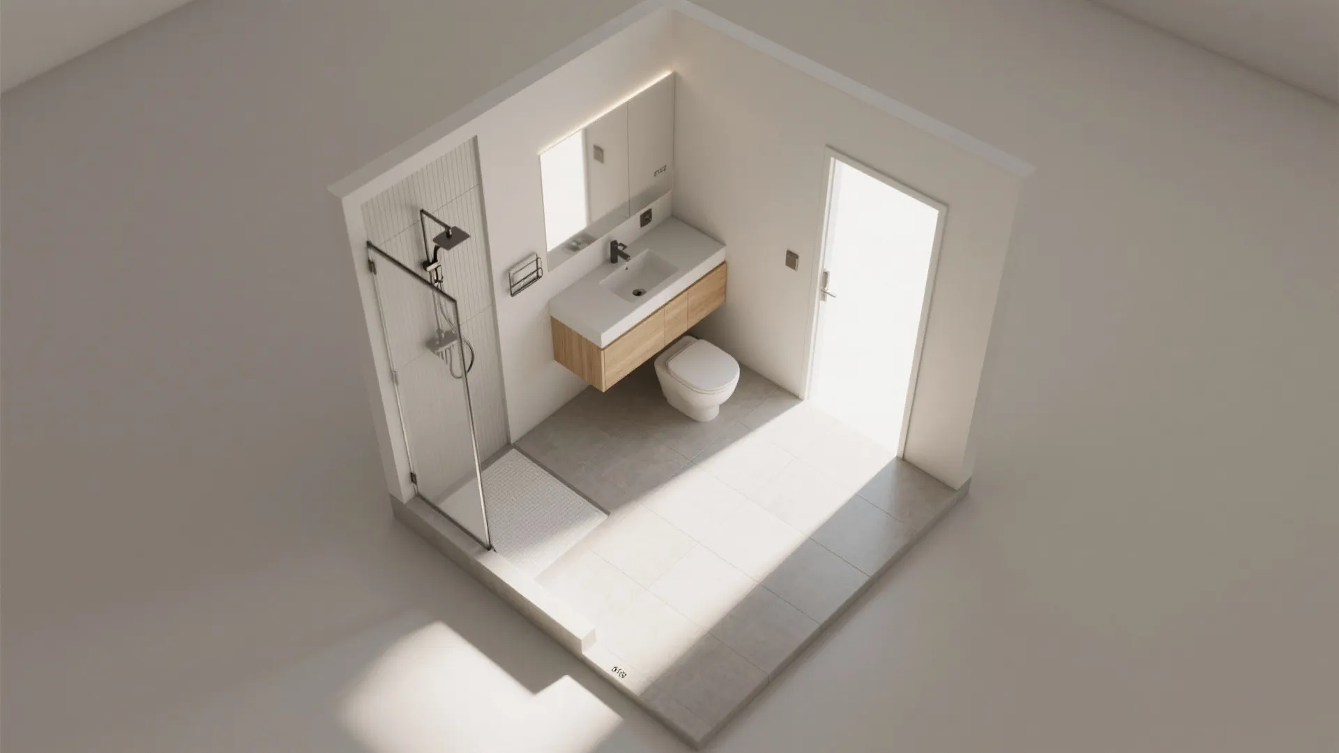 Interior design drawing of a small bathroom with shower area sink toilet and grey floor
