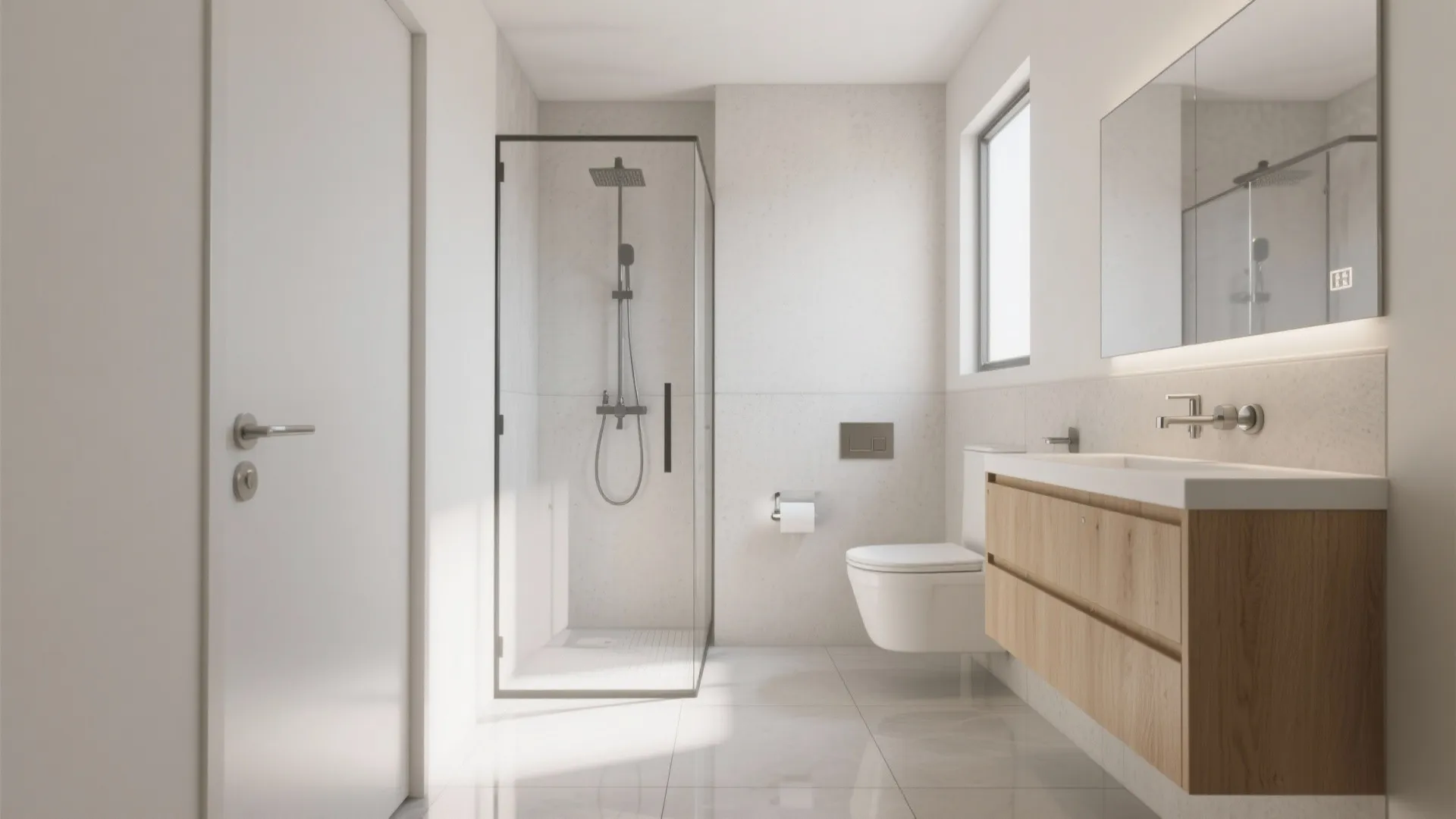 Modern bright bathroom featuring glass shower cabin white toilet wooden sink cabinet and large wall mirror
