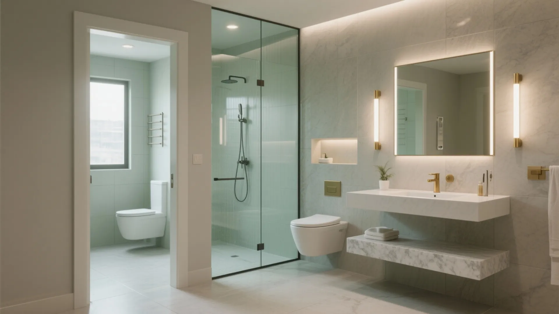 Modern bathroom with glass shower and white toilet plus sink featuring two gold wall lights