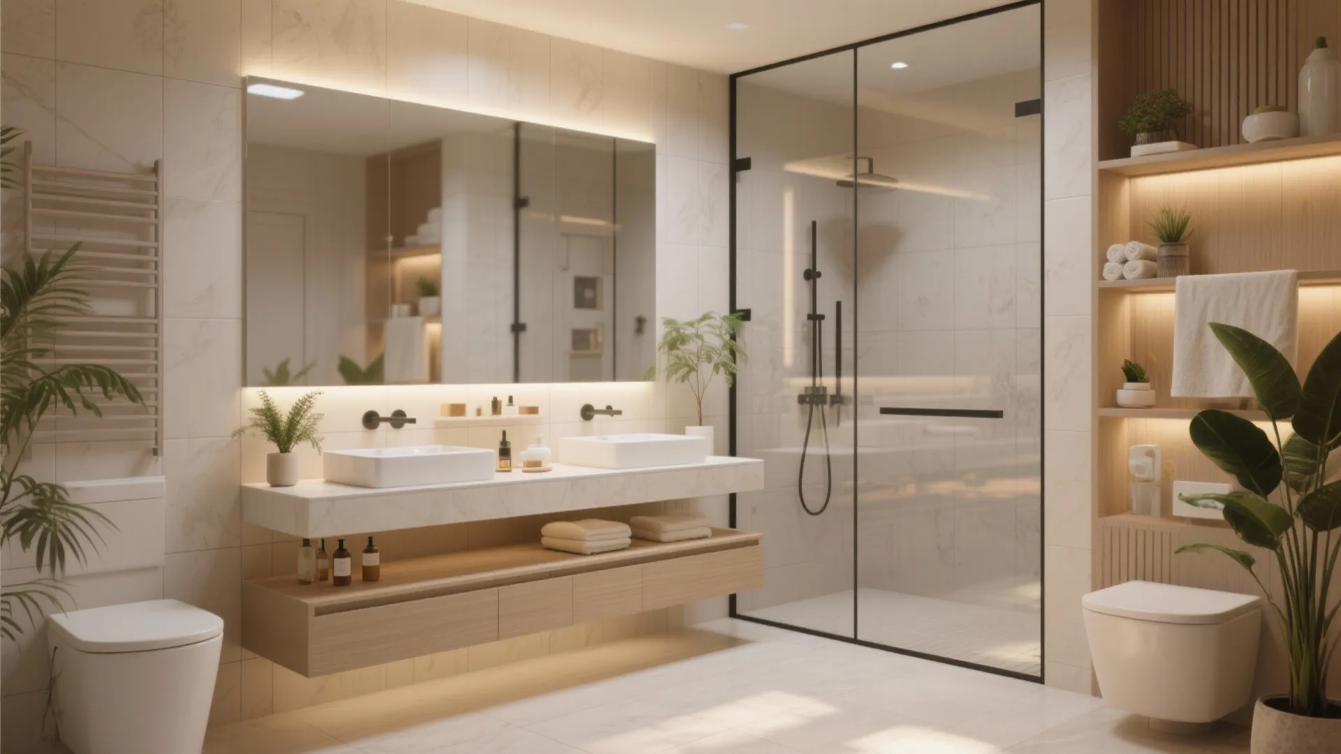Modern spa bathroom featuring double sink vanity large mirror glass shower wooden shelves and plants