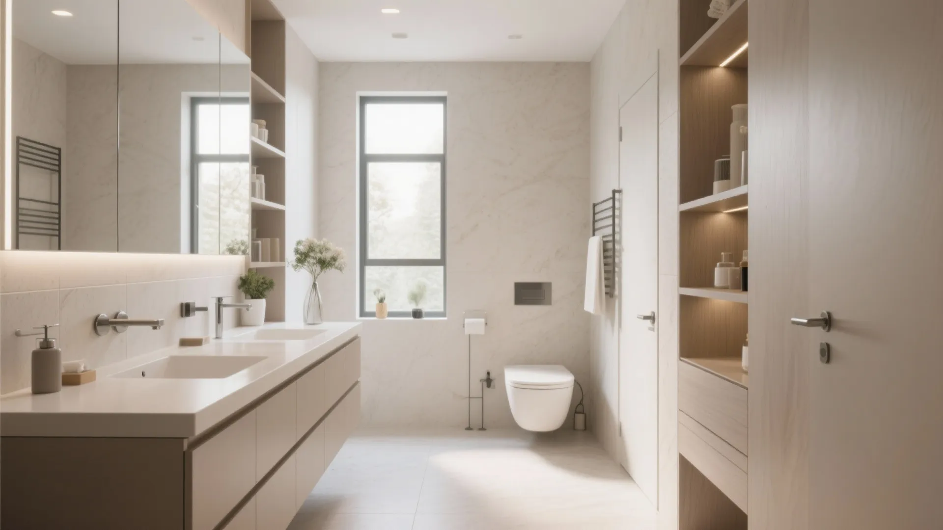 Bright bathroom interior design with double sinks long cabinet wall mirror toilet and tall shelves