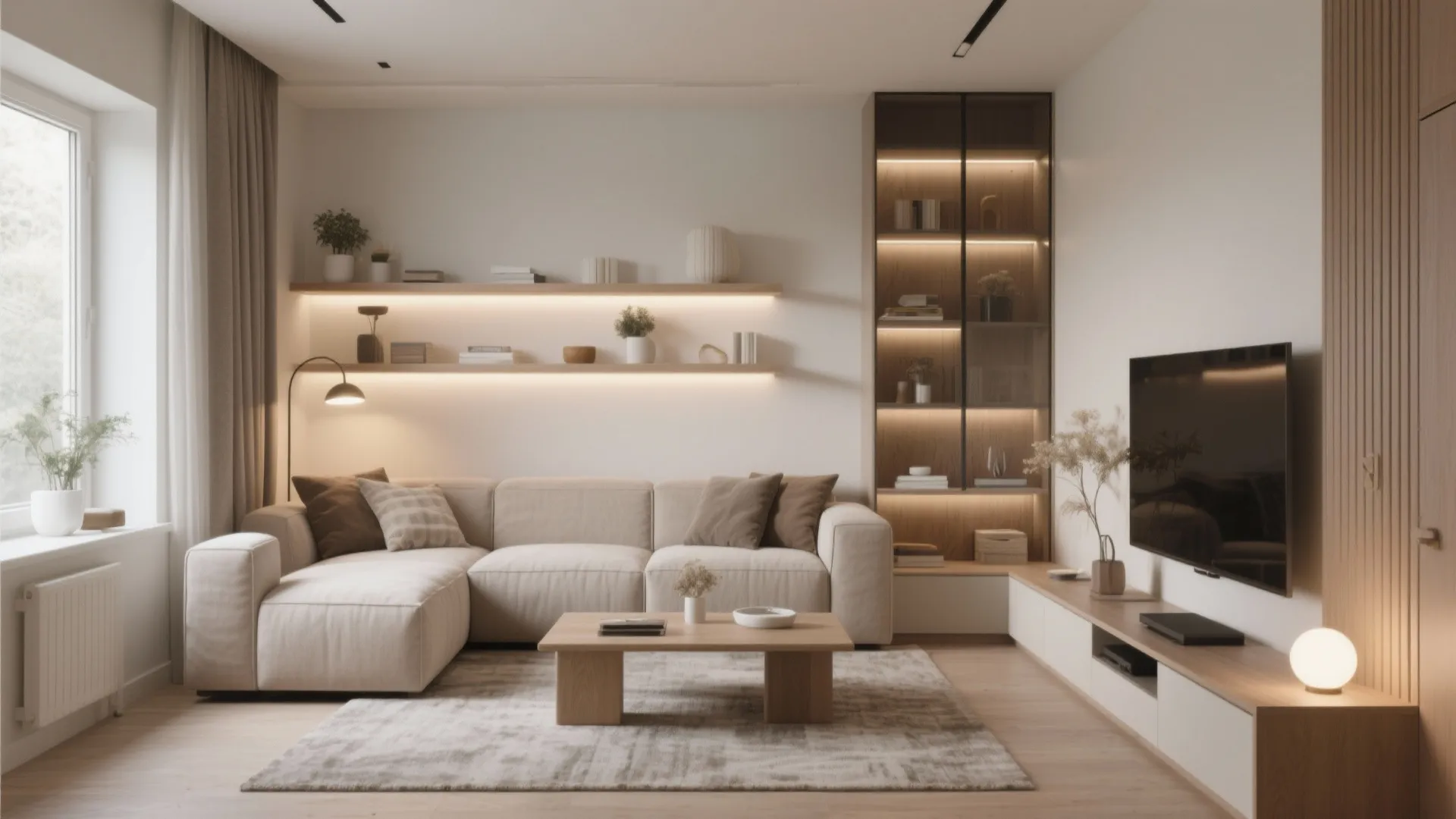 Modern living room featuring cream sofa wooden coffee table television cabinet and warm wall shelf lighting