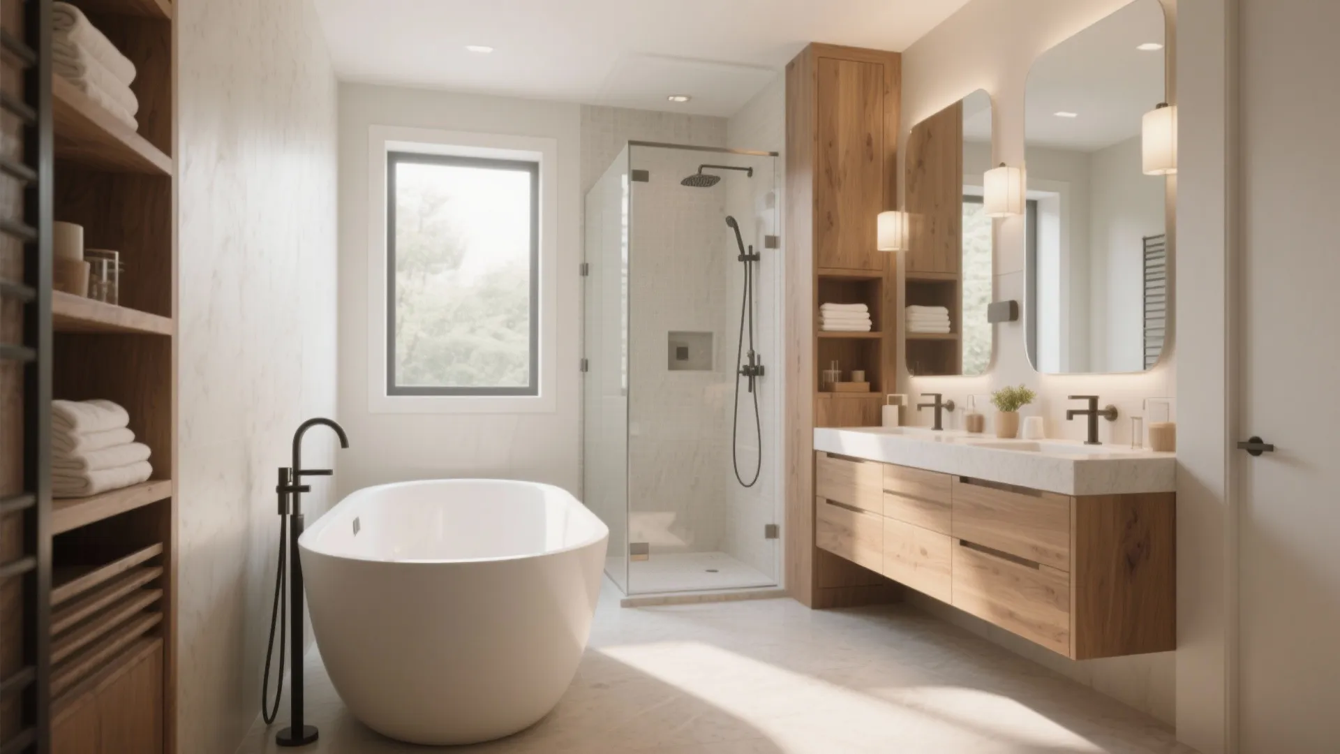 Bright bathroom with white bathtub wooden cabinet double mirrors glass shower window and light walls