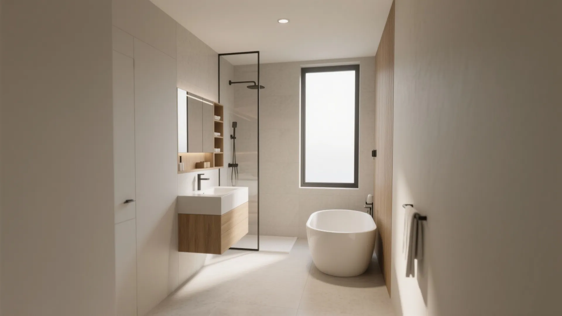 Modern bathroom featuring a white bathtub, wooden sink cabinet, glass shower, window, and natural light