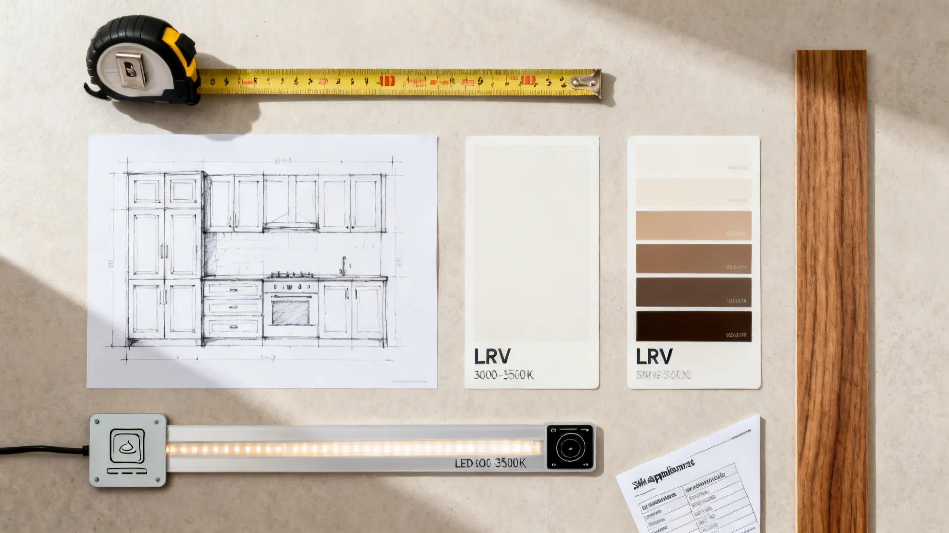 Top-down flat lay with a tape measure, layout sketch, LRV swatches, LED sample, and wood veneer for 8x8 planning.