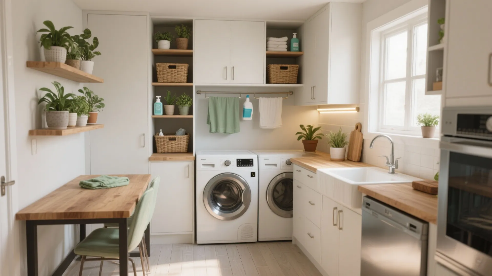 White laundry room with washing machine dryer wooden countertop sink green plants and small wood table