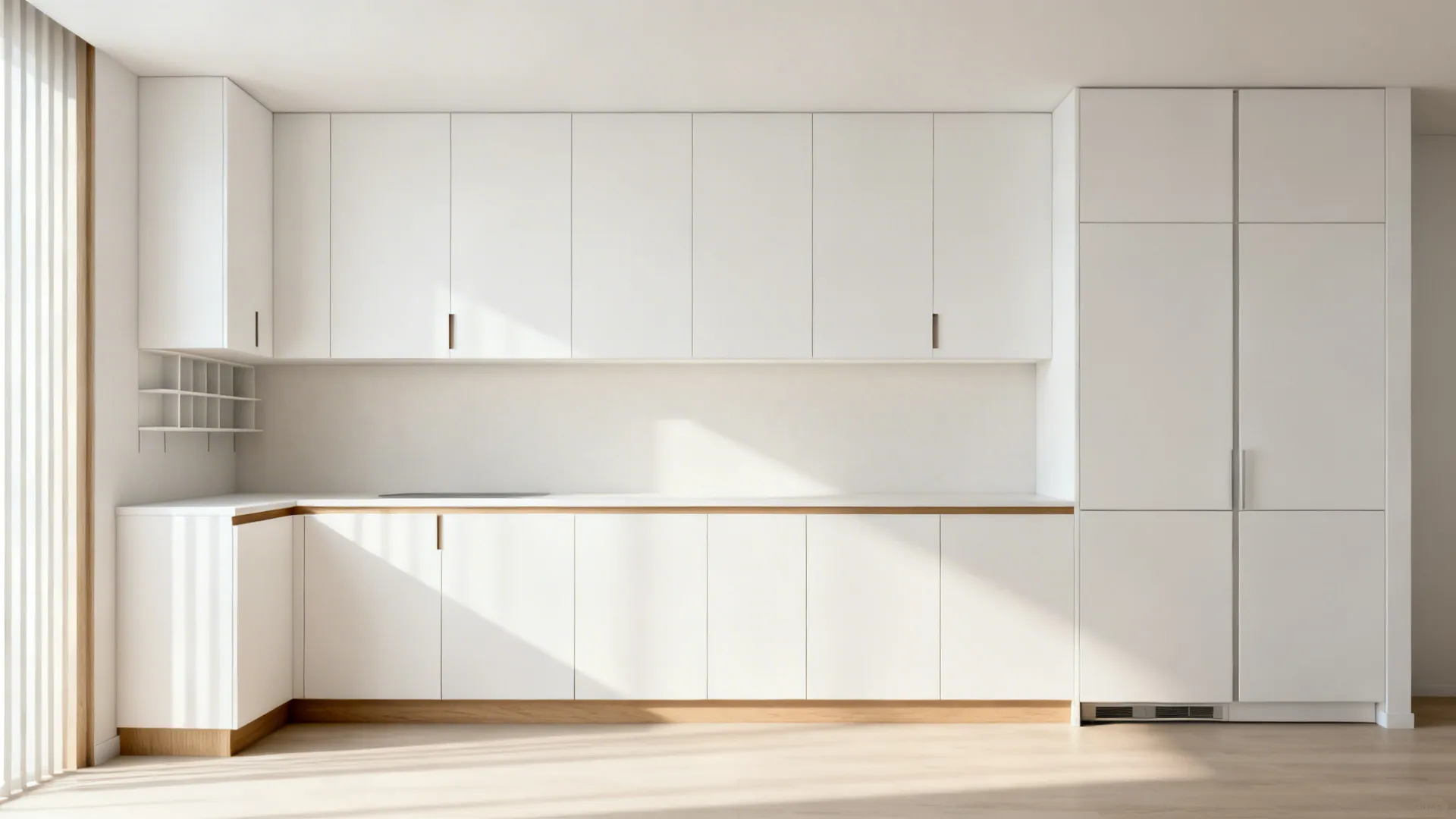 Minimalist 8x8 kitchen with seamless matte cabinets, tall uppers, and slim base units