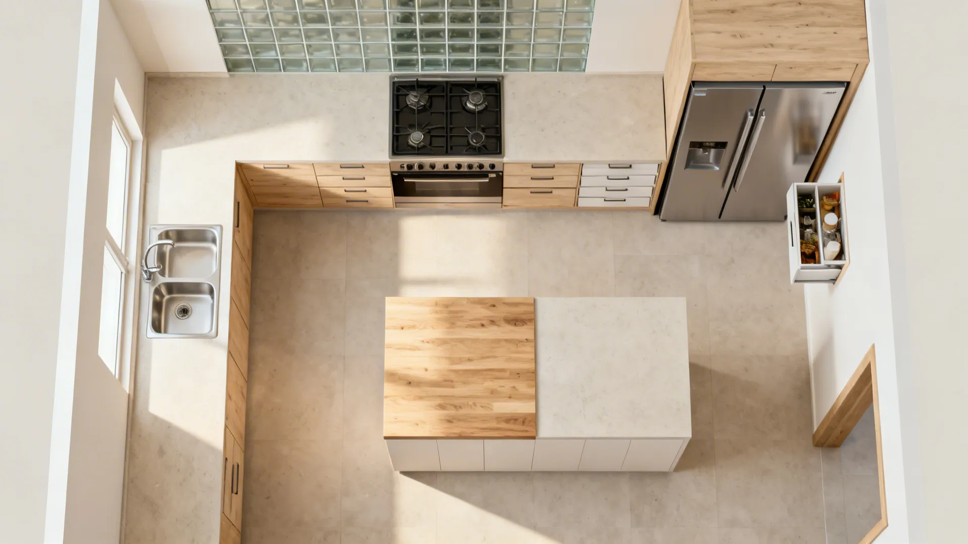 Top-down 8x8 kitchen plan summarizing an L-shape, glass backsplash, wood accents, and slim appliances.