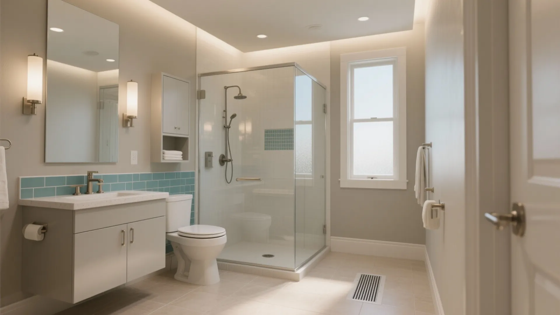 Modern bathroom with white cabinet, mirror, toilet, glass shower, blue tiles, window, and wall lights