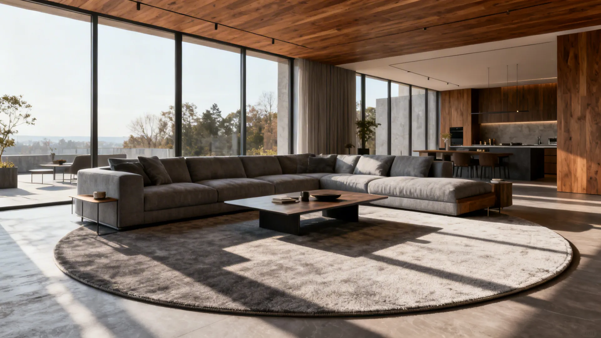 Open-plan living area with a large 9–10 foot round rug under a sectional sofa.