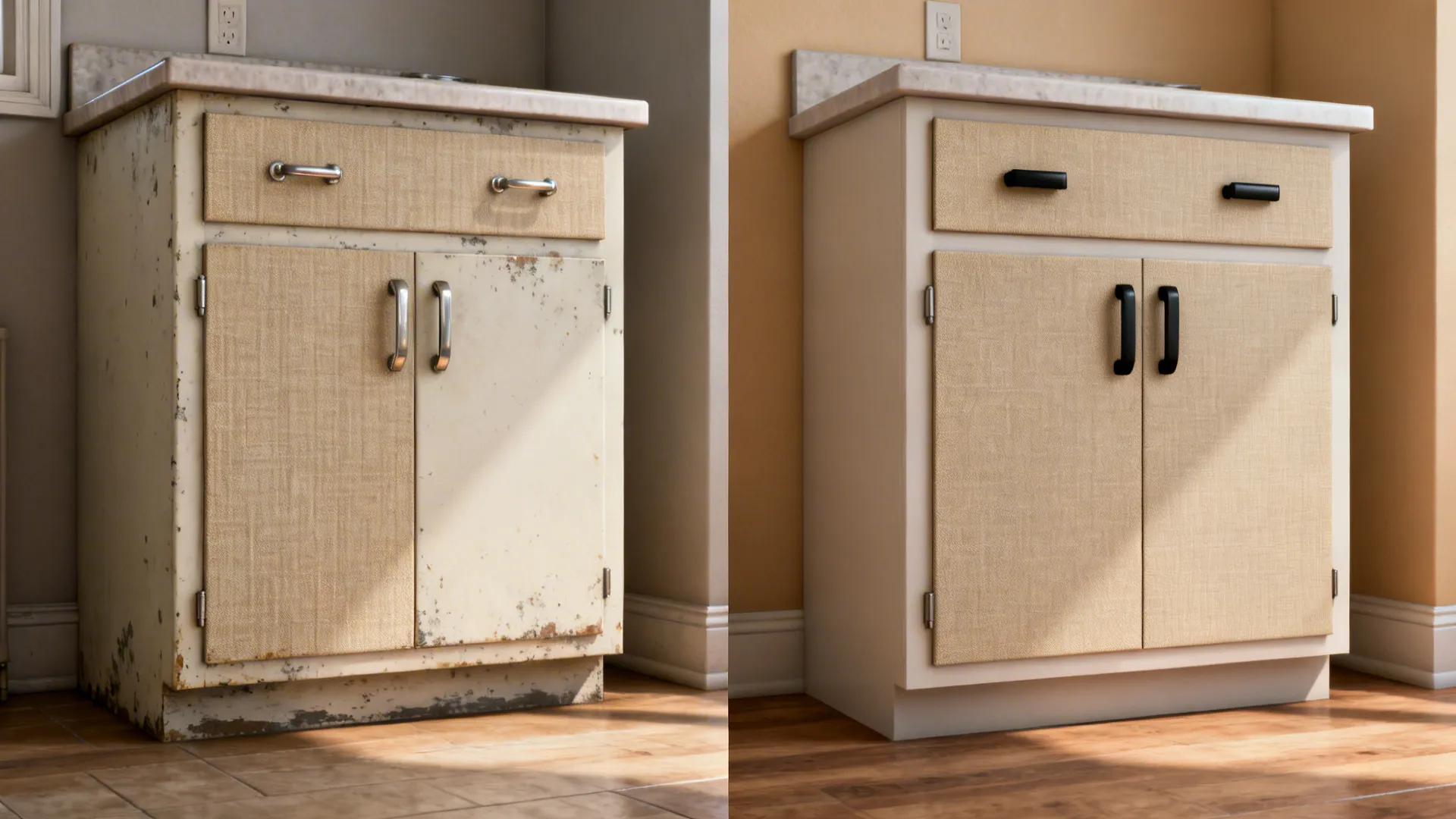 Before-and-after cabinets showing new hardware, matte contact paper, and warm neutral paint.