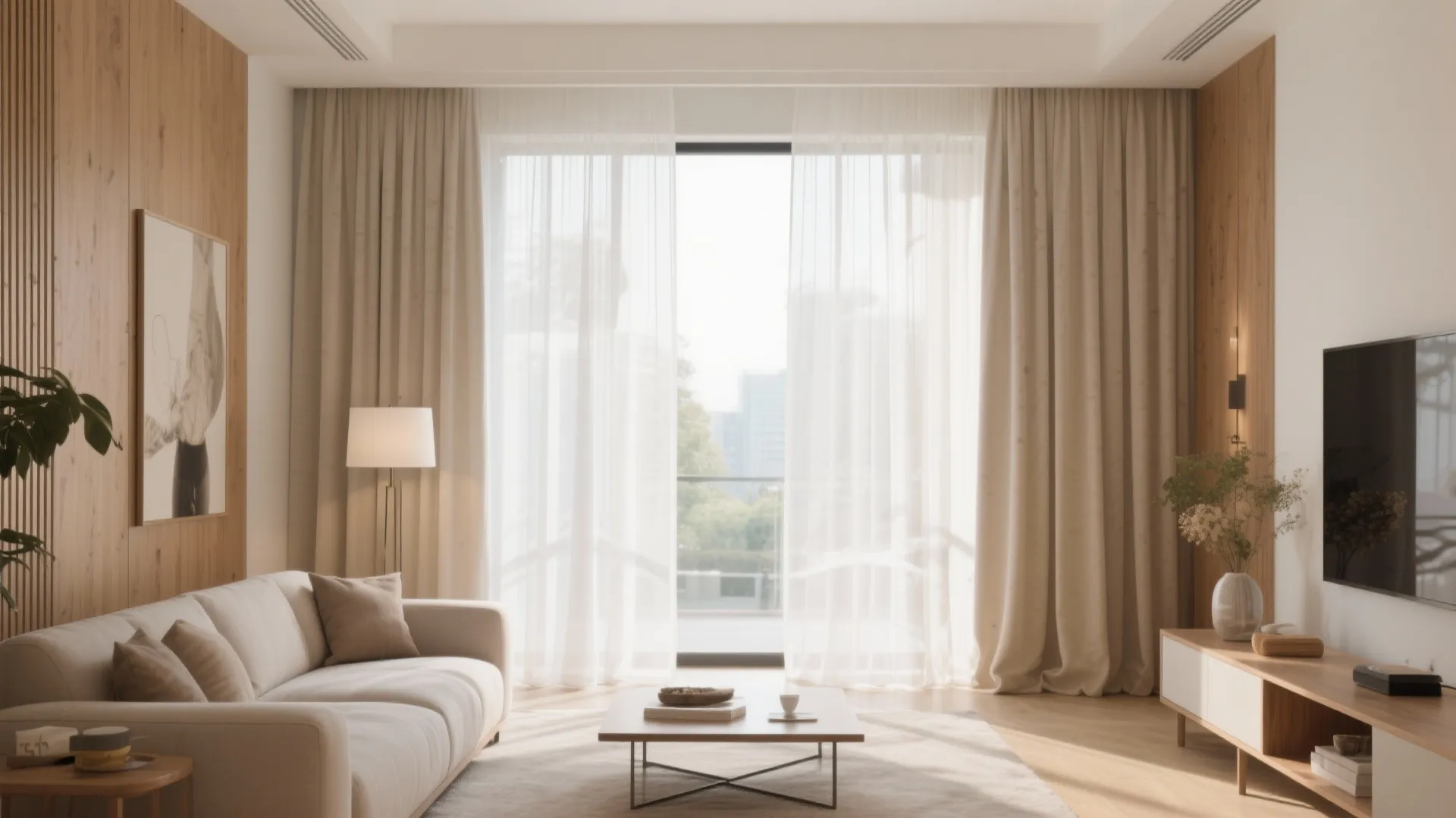 Modern living room with beige sofa wood wall panels floor lamp and white sheer window curtains