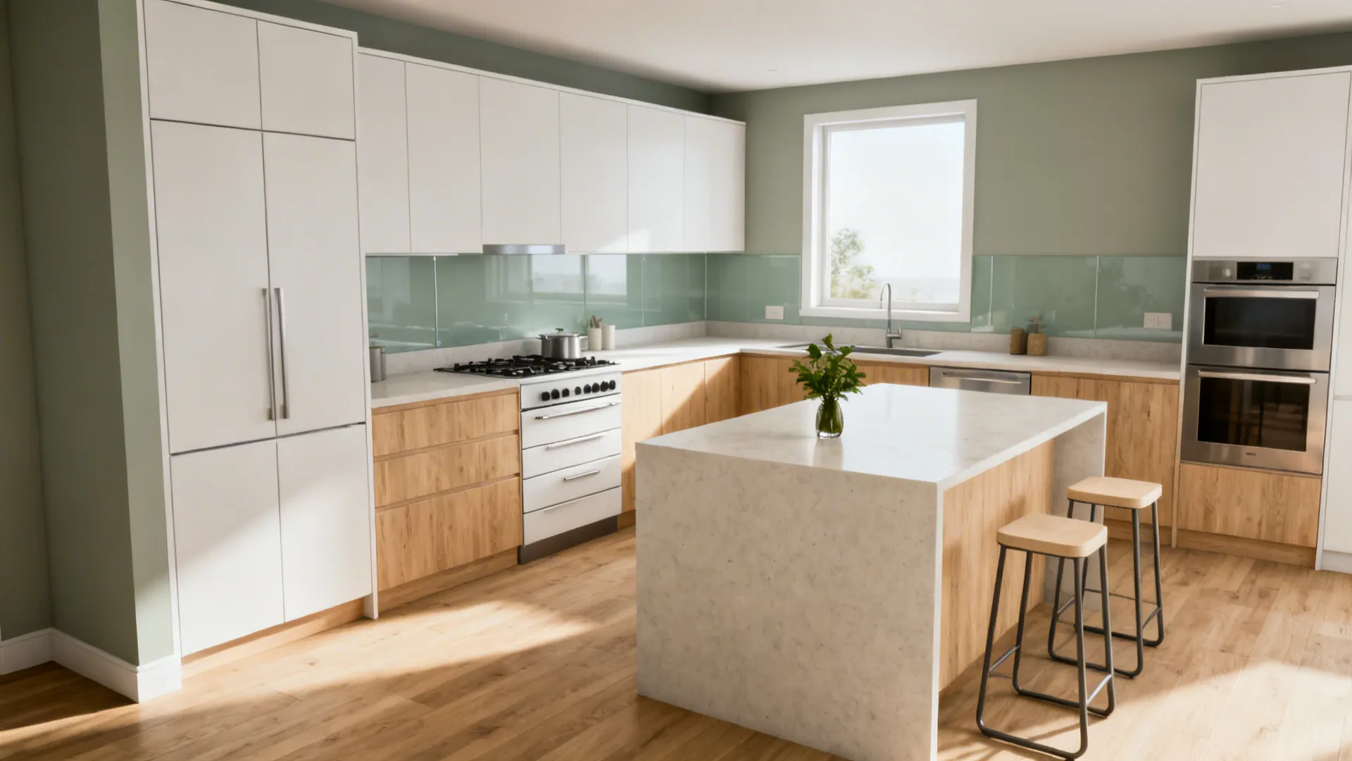 Bright kitchen interior design drawing with large white island two wooden stools and light cabinets