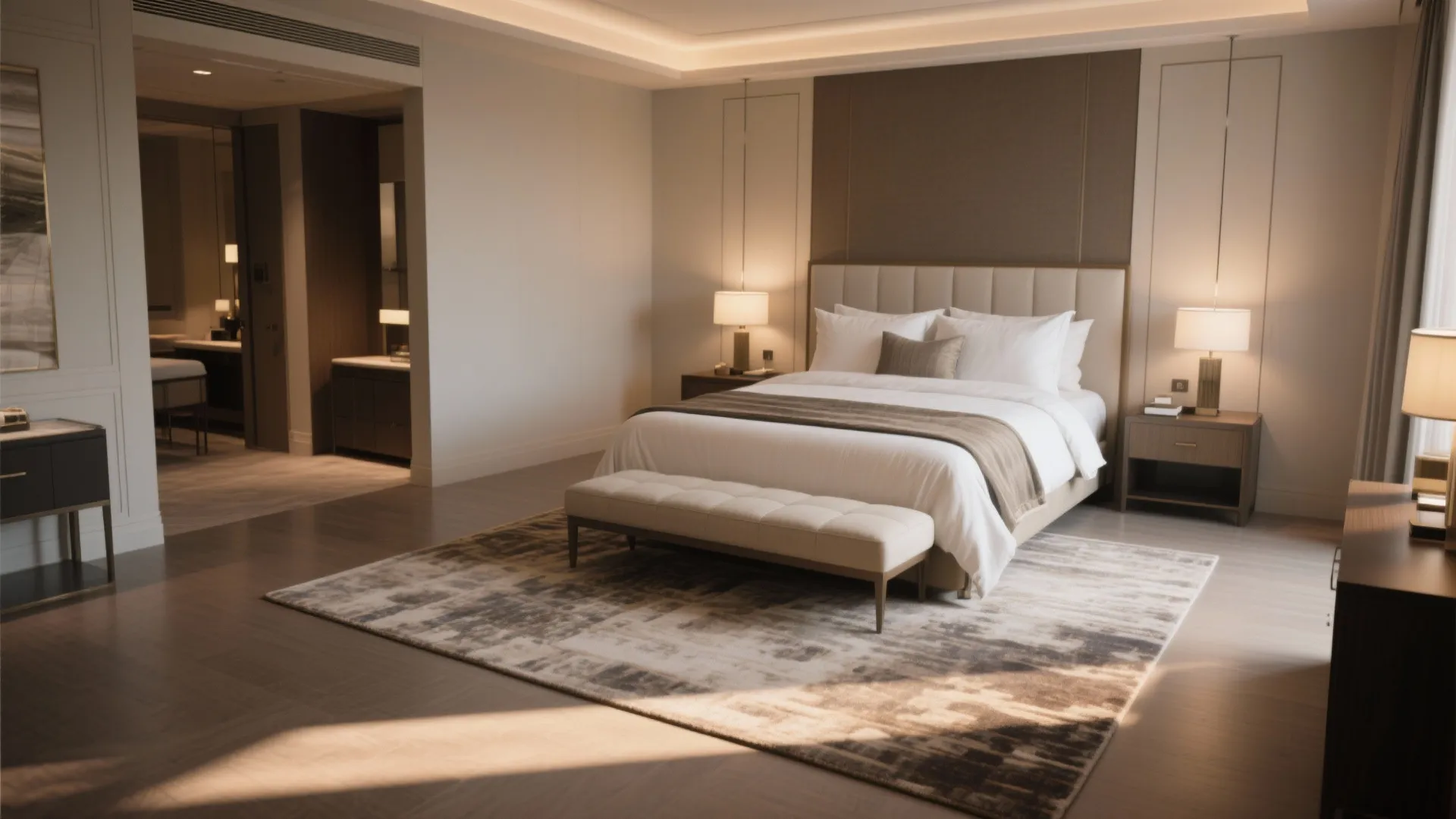 Generous master suite with a 9x12 rug fully under a king bed and nightstands, bench at the foot