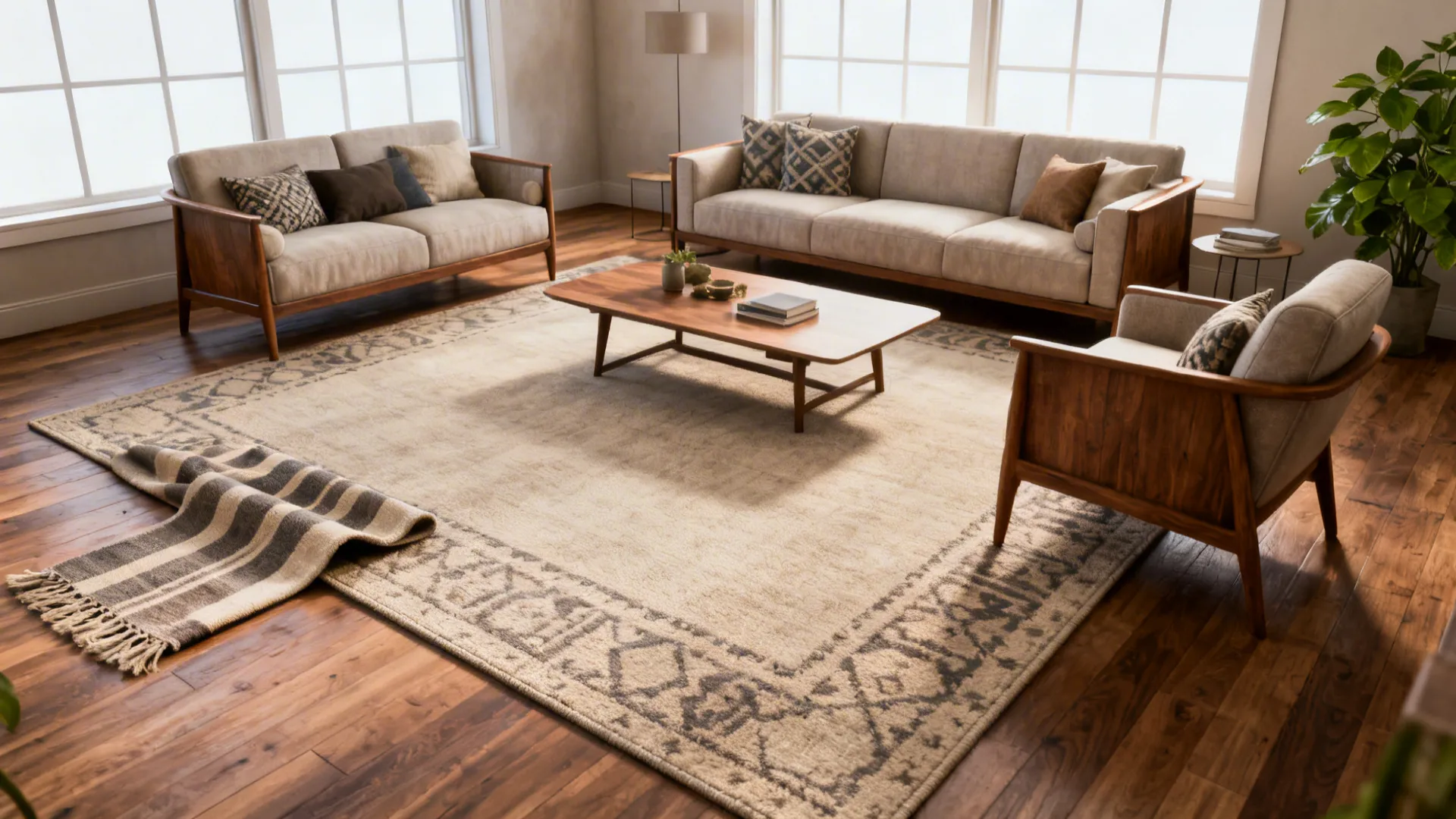 Large beige rug with border under wooden coffee table in bright living room with sofas