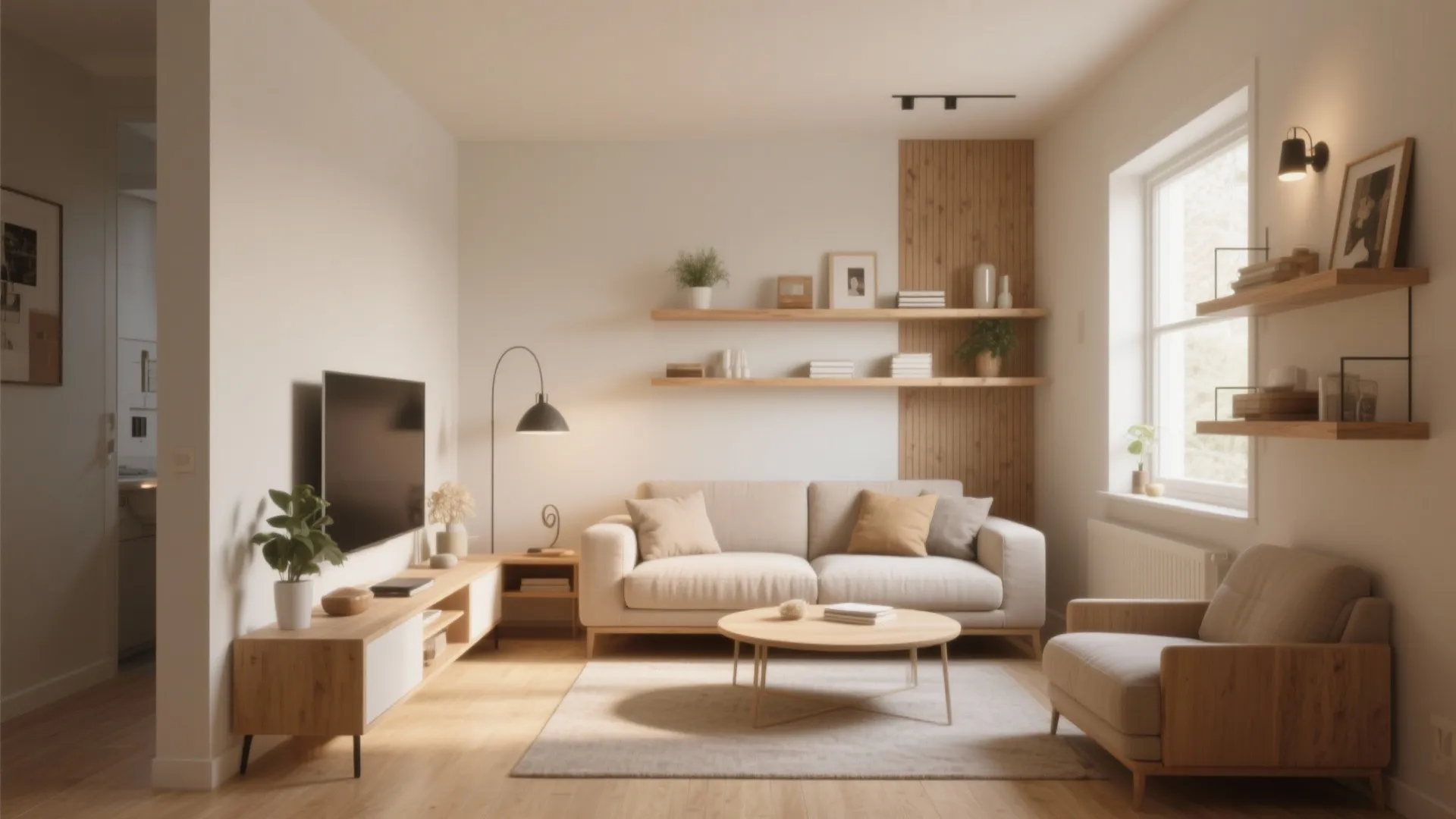 Bright living room with beige sofa wooden coffee table television stand and wall shelves layout