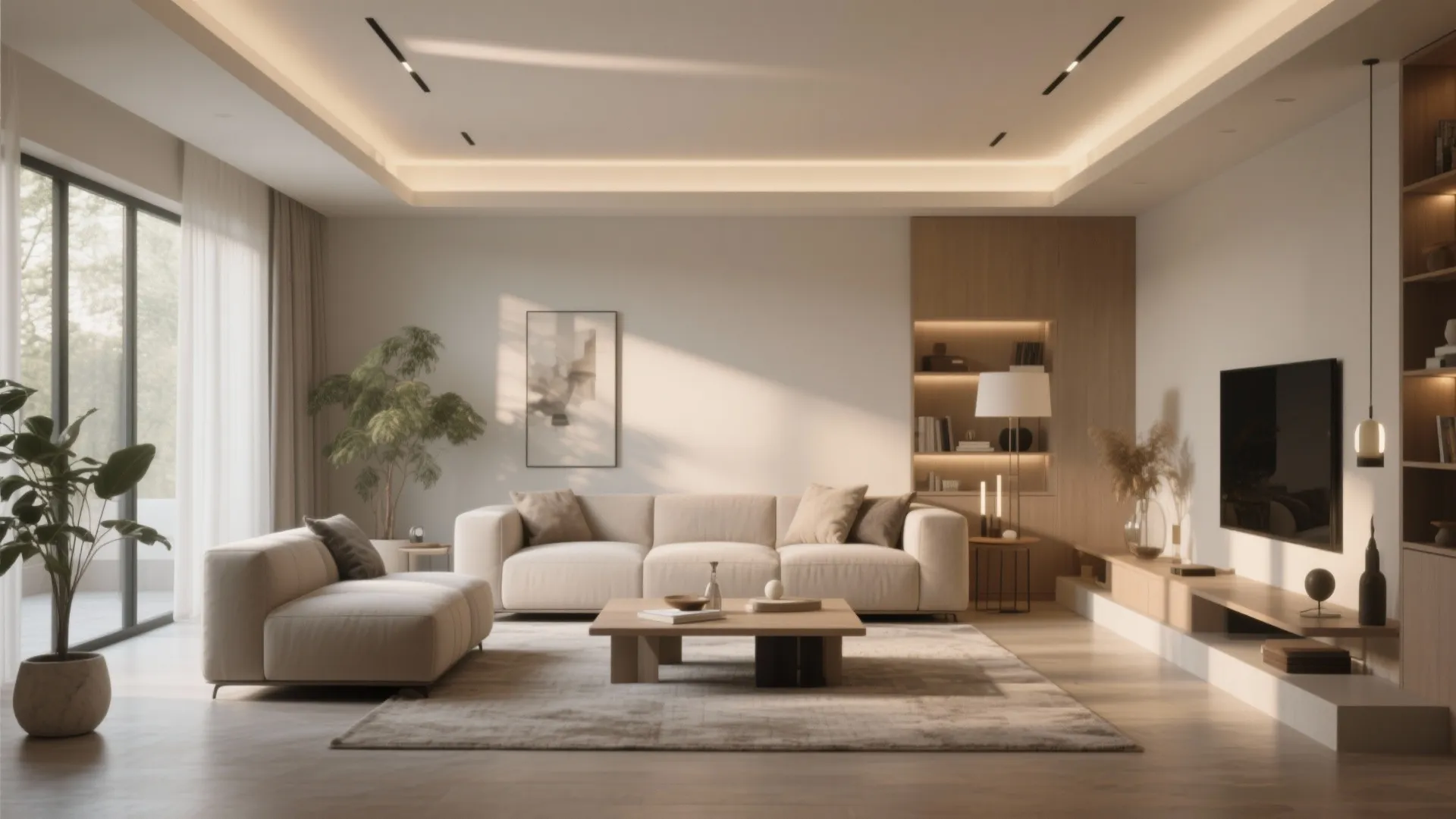 Modern minimal living room with beige sofas wooden coffee table television and bright natural light