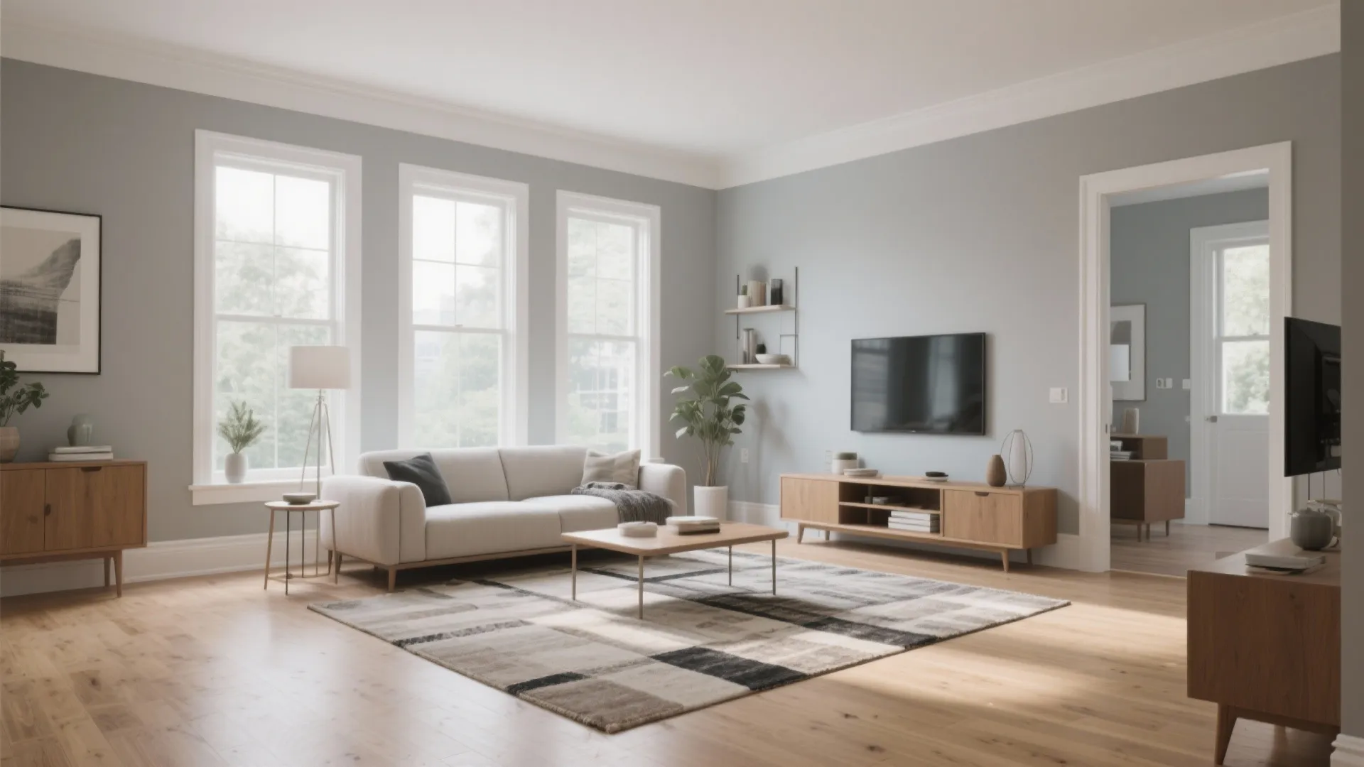 Spacious modern living room with light grey walls wooden floor white sofa and wooden cabinet