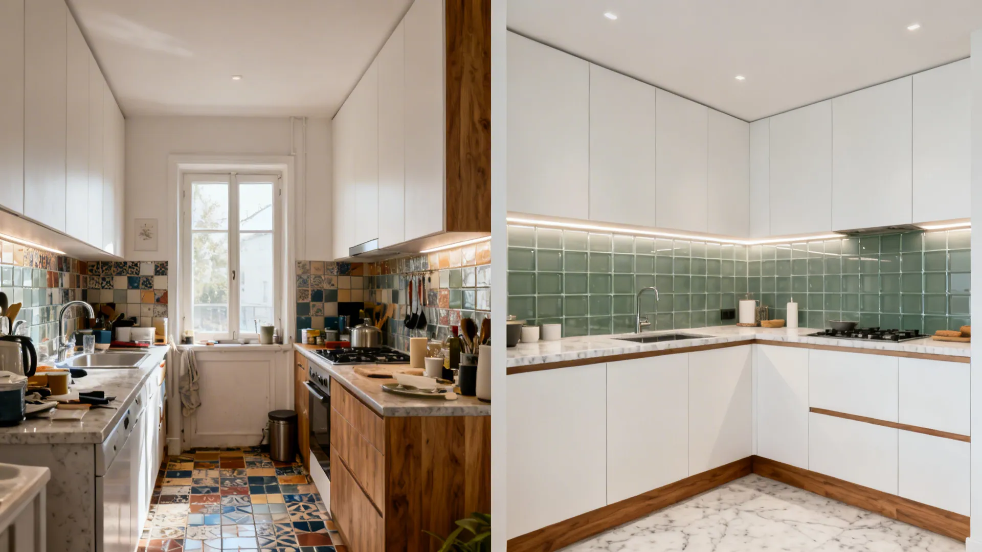 Before-and-after kitchen renovation showing an old cluttered space transformed into a clean modern kitchen design