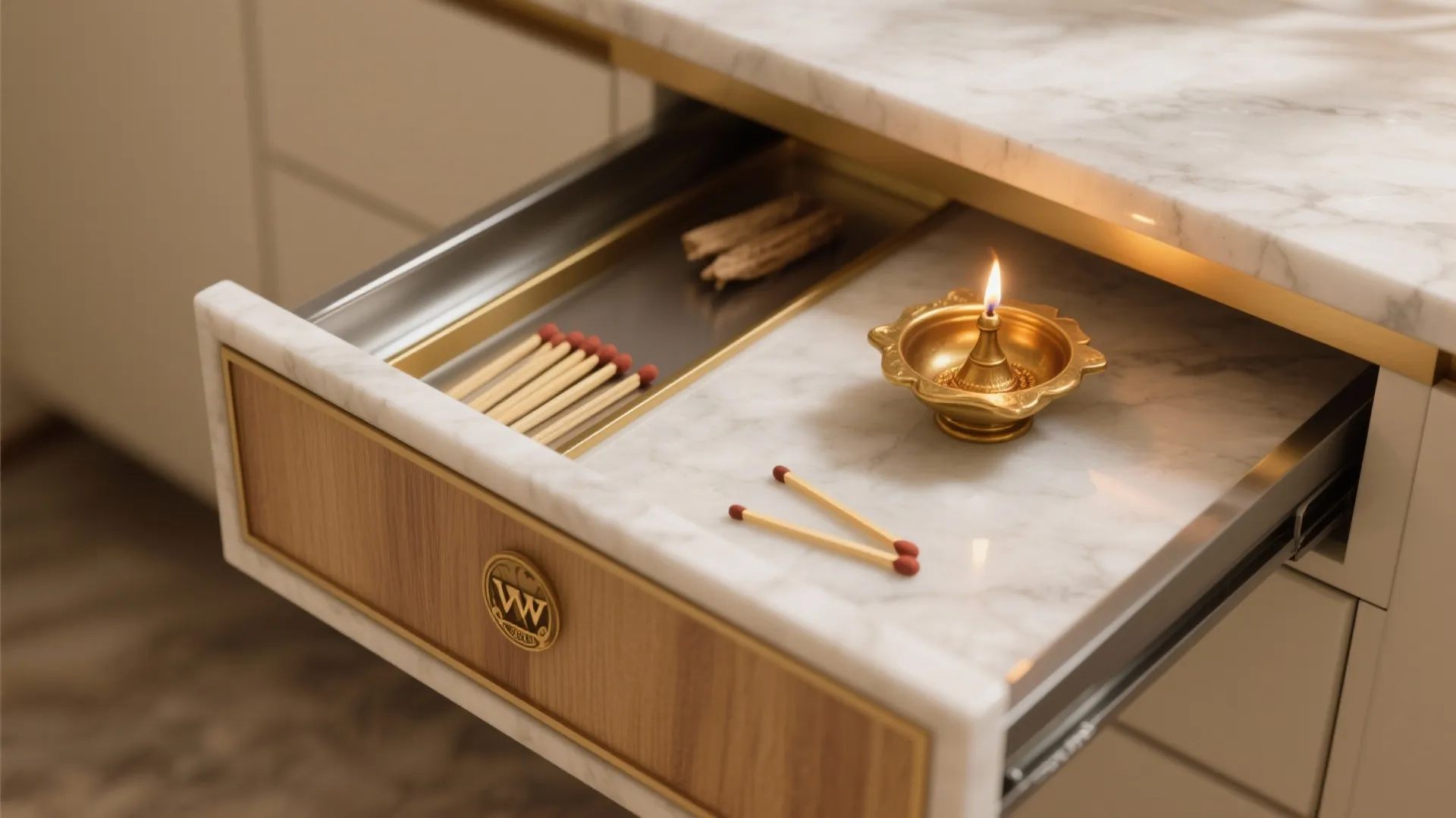 Open marble drawer with gold trim containing matches and a small brass oil lamp lit