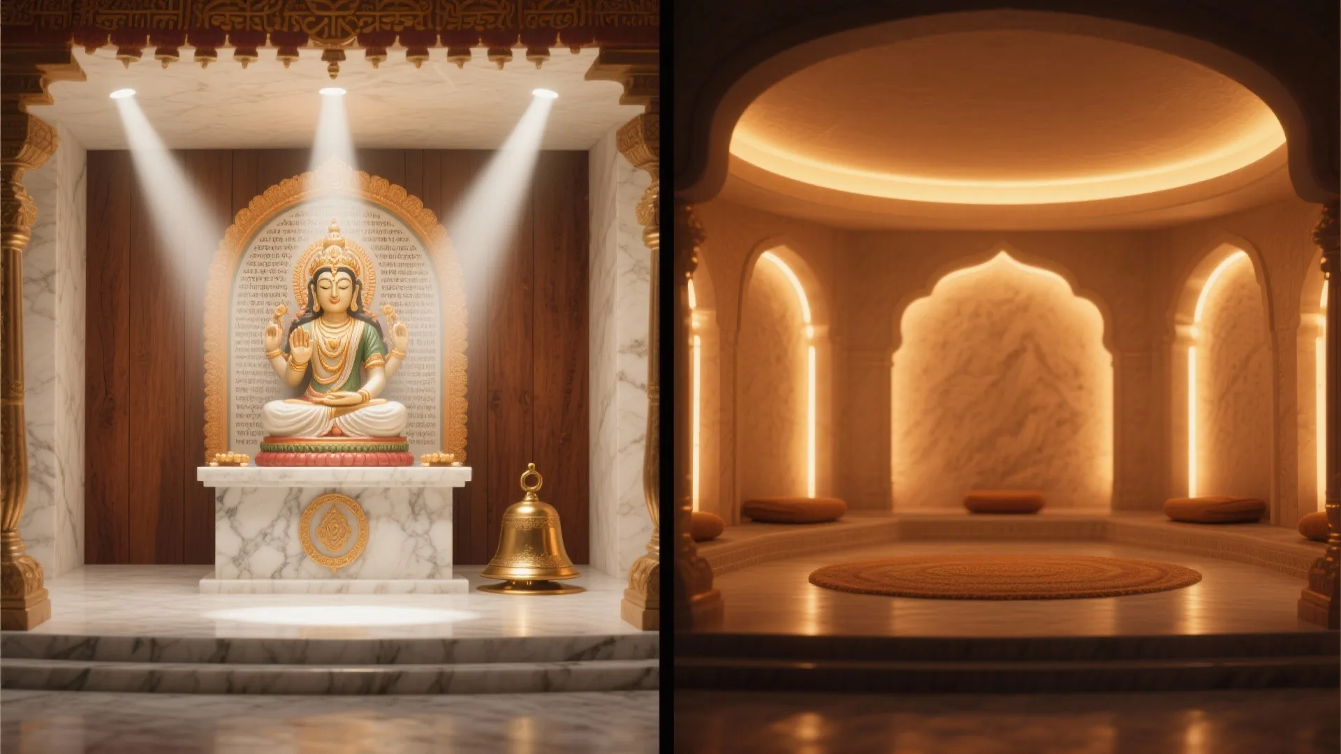 Comparison of a bright marble prayer room and a calm meditation area with warm lighting
