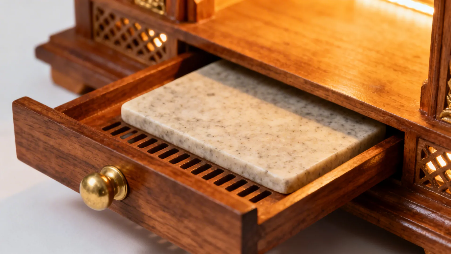 Close-up of a heat-resistant stone-lined pull-out tray with discreet jali vents.