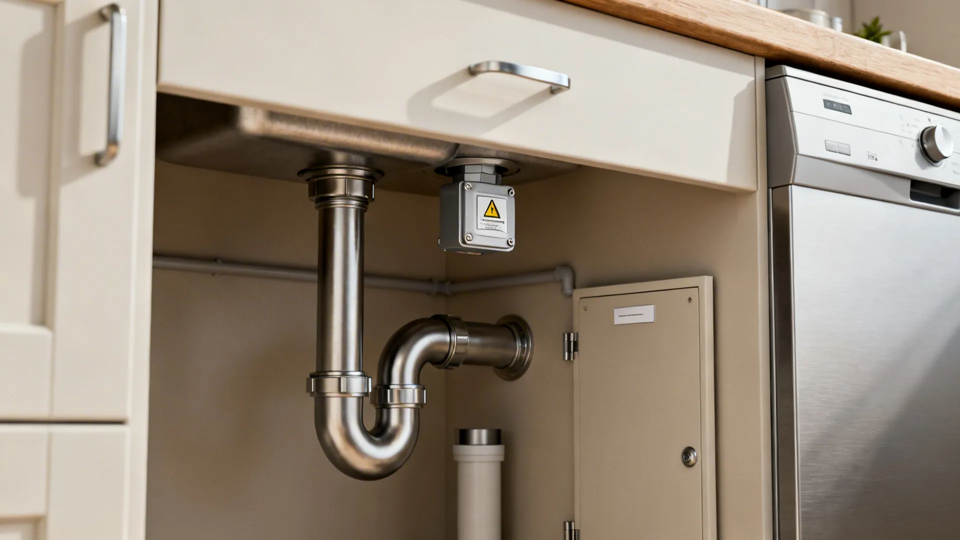 Close-up of an AAV installed above the trap arm in a clean under-sink cabinet.