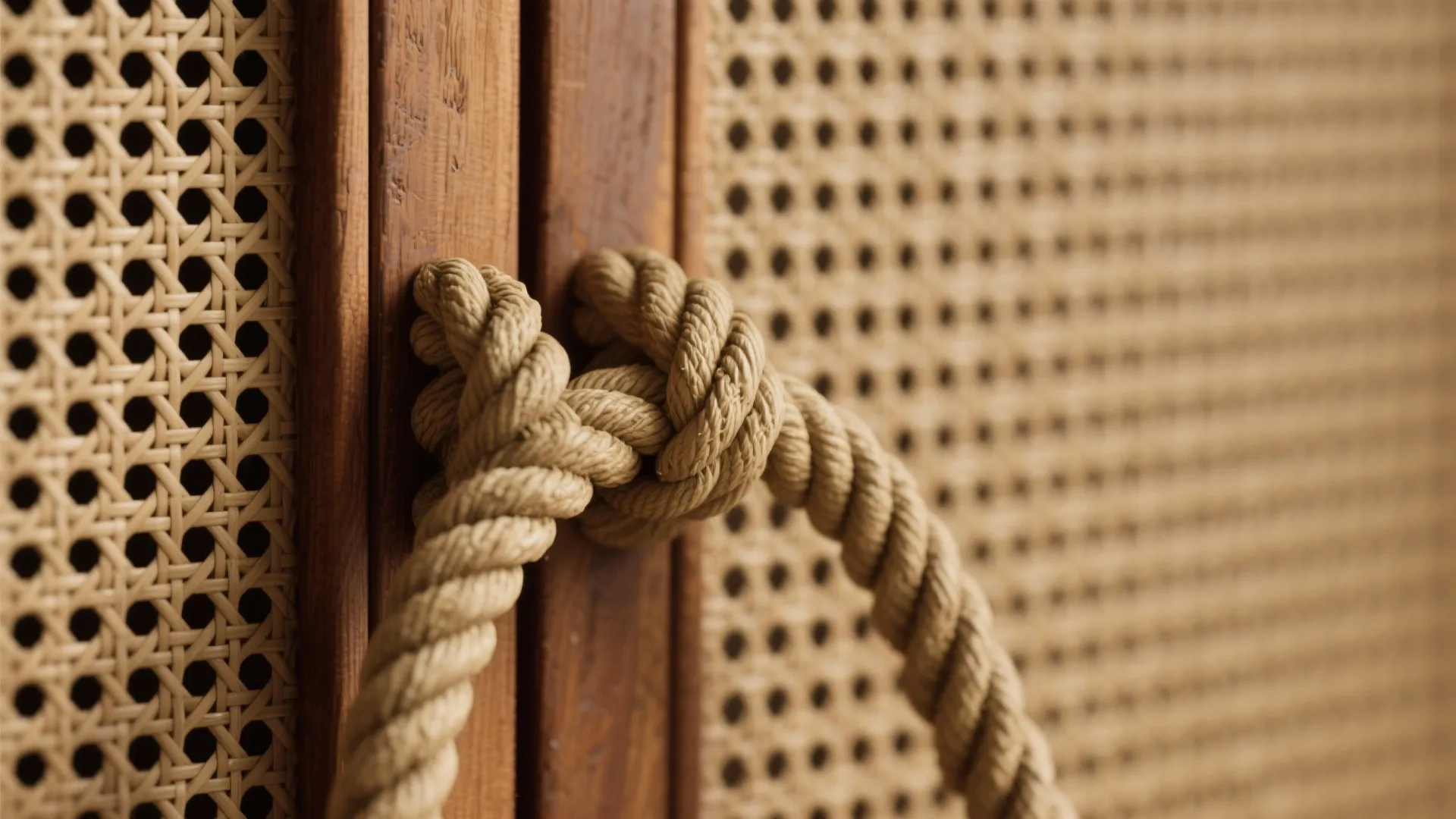 Macro of an abaca rope handle on a rattan-front hardwood cabinet.