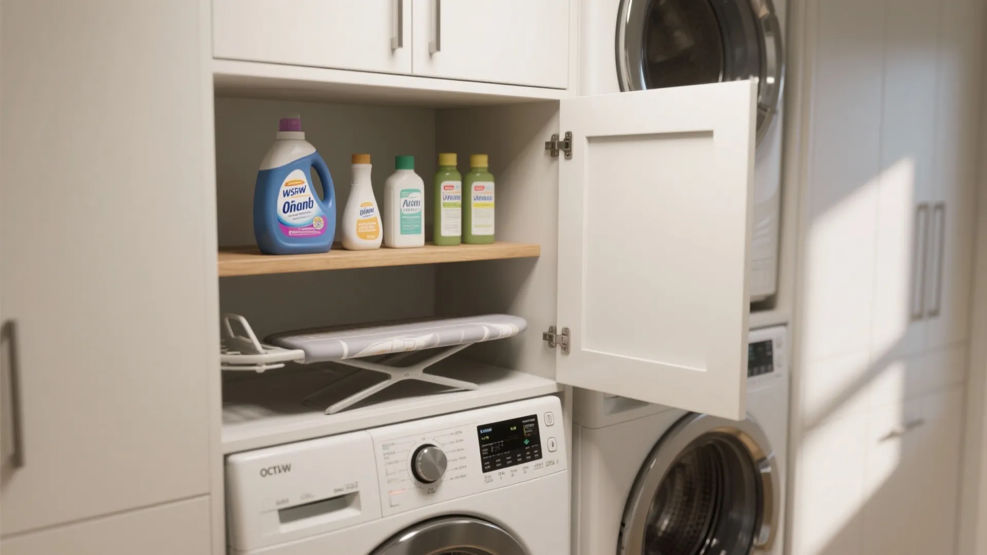 White cabinet above a washing machine showing organized laundry soap bottles and a small ironing board