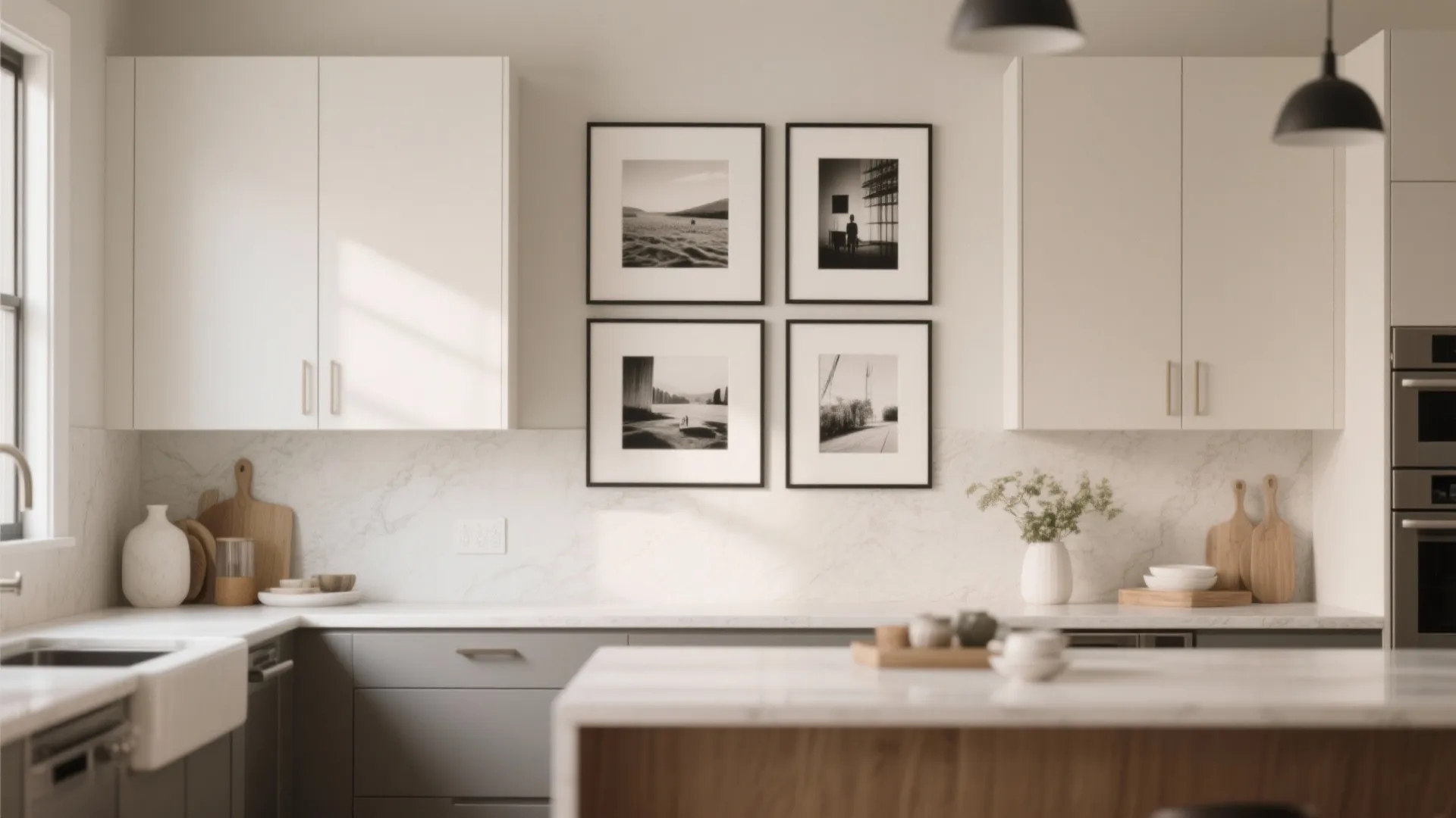 Framed artwork displayed above kitchen cabinets