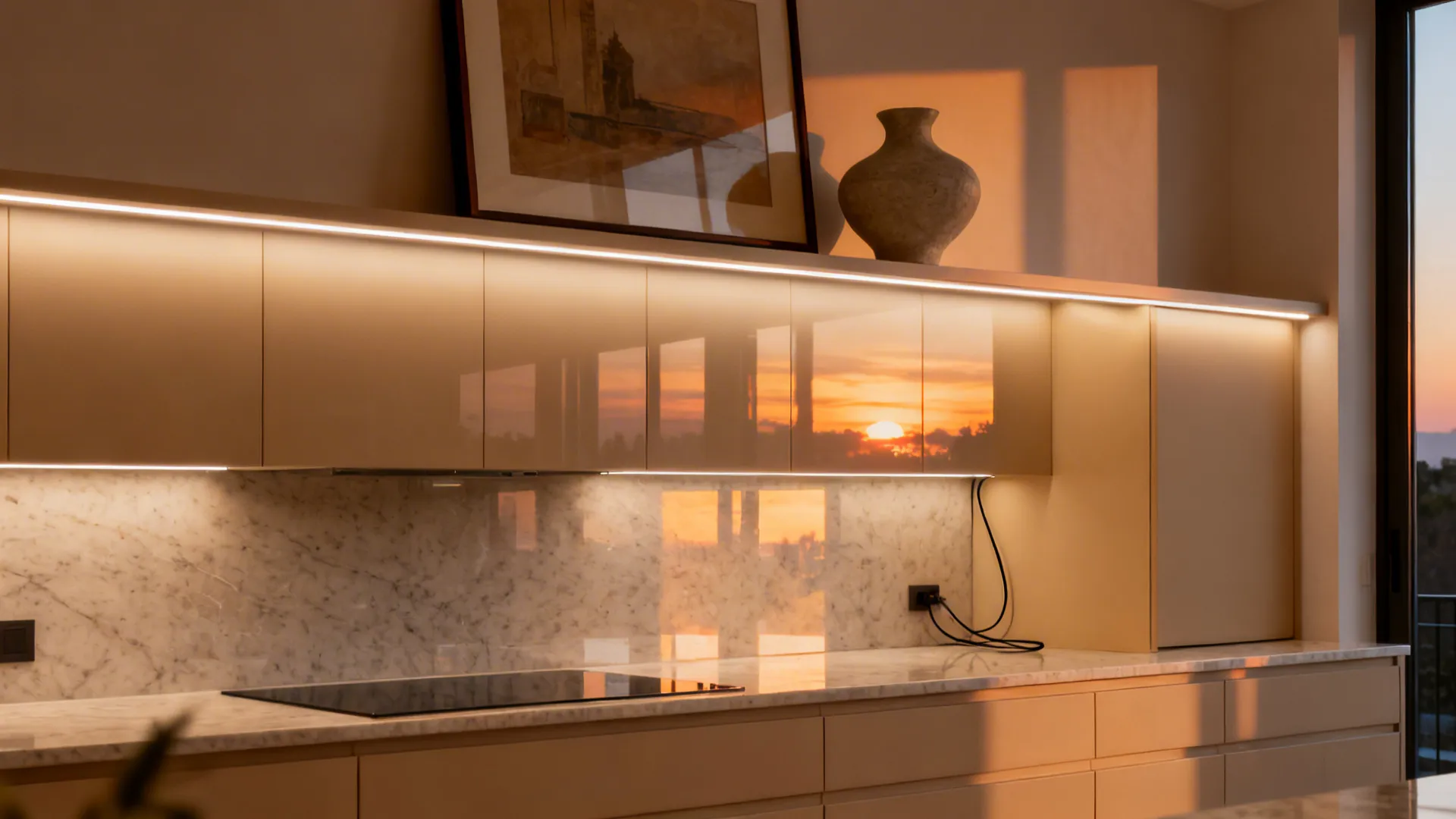 Warm LED backlighting behind art and a vessel above the kitchen cabinets at night.