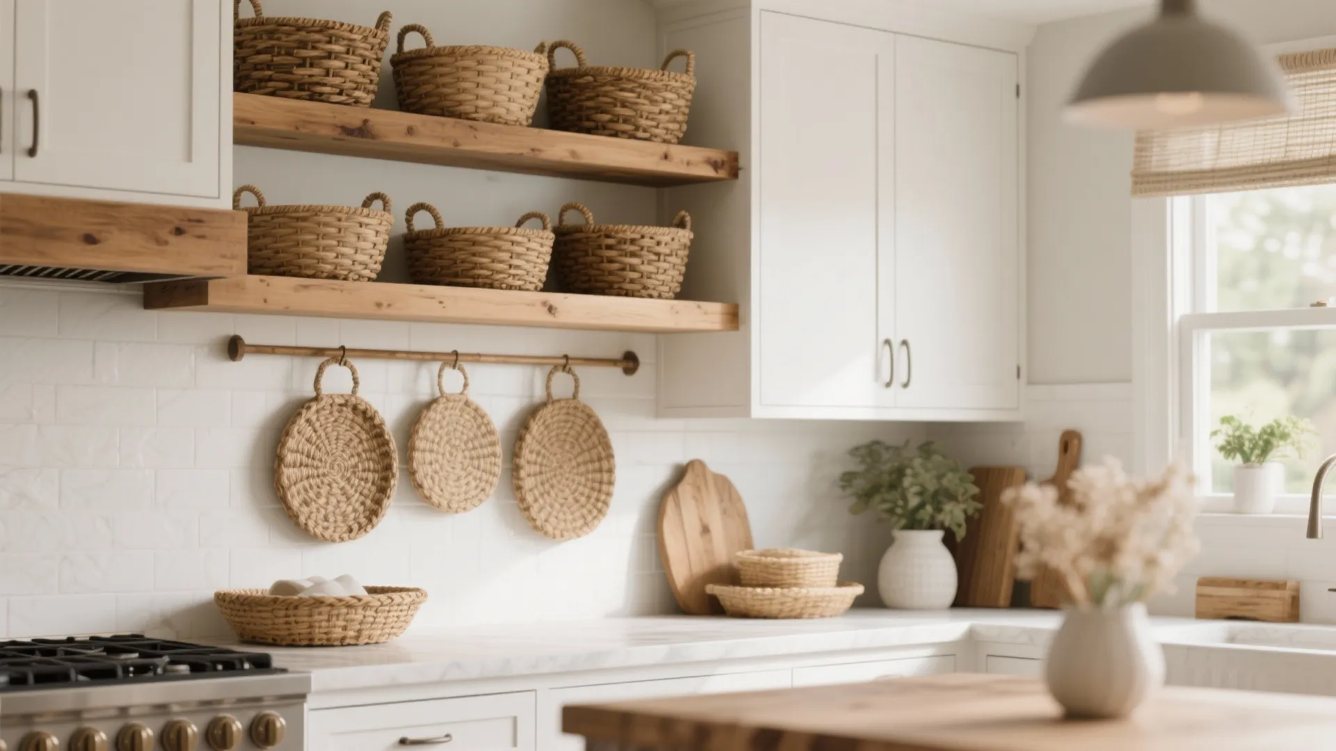 Coordinated woven baskets neatly lined above kitchen cabinets