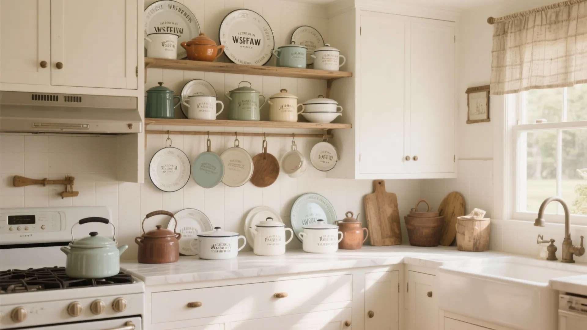 Vintage enamelware collection displayed above kitchen cabinets