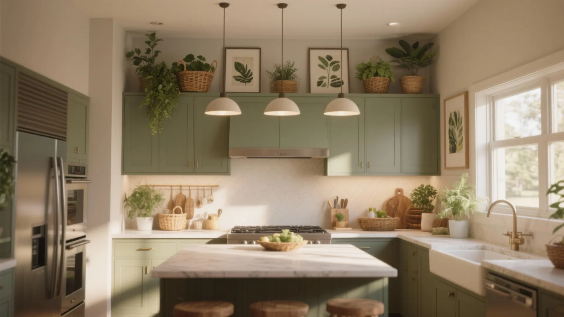Green kitchen cabinets with plants on top plus three white ceiling lights over marble island