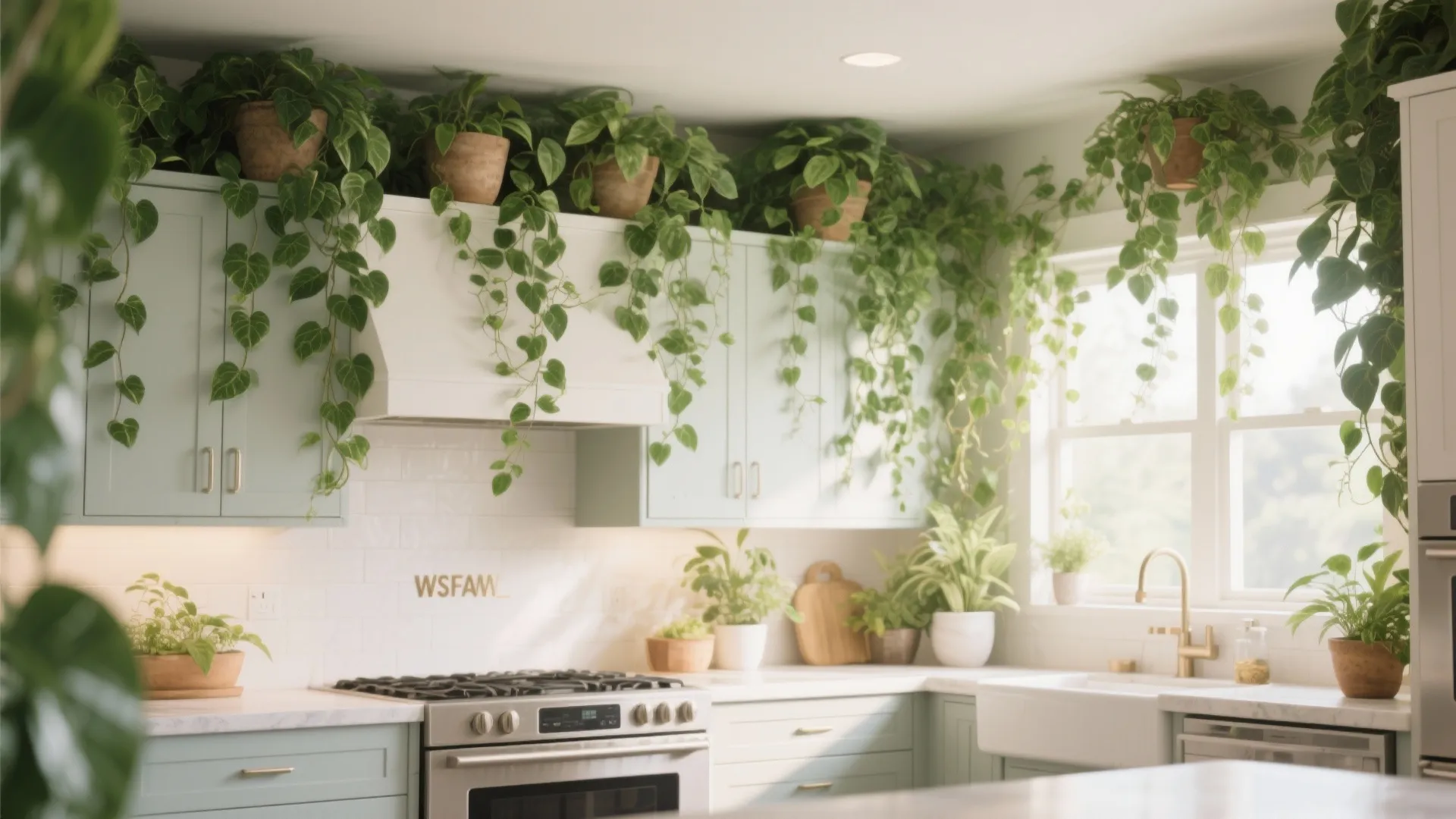 Bright kitchen with light blue cabinets decorated with many green hanging plants and natural sunlight