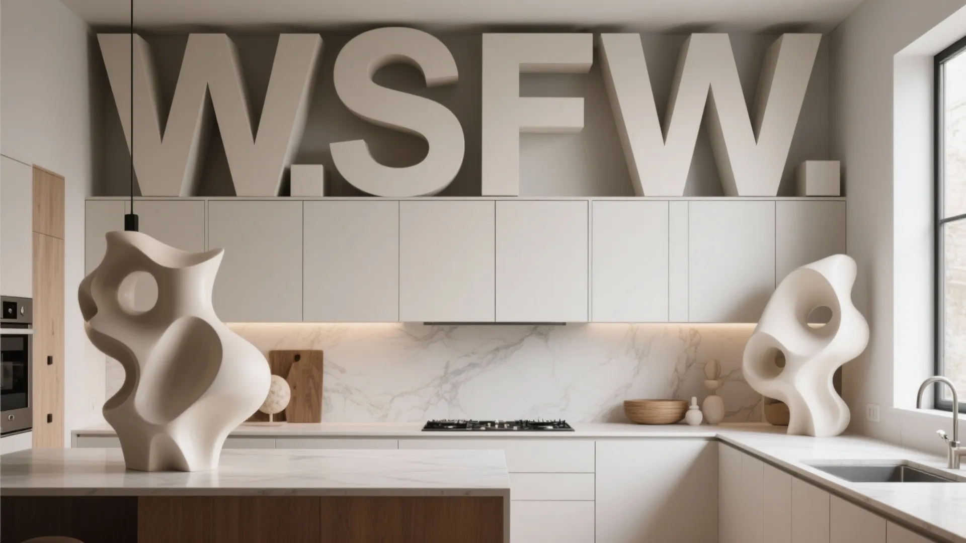 Sculptural elements and oversized letters above kitchen cabinets