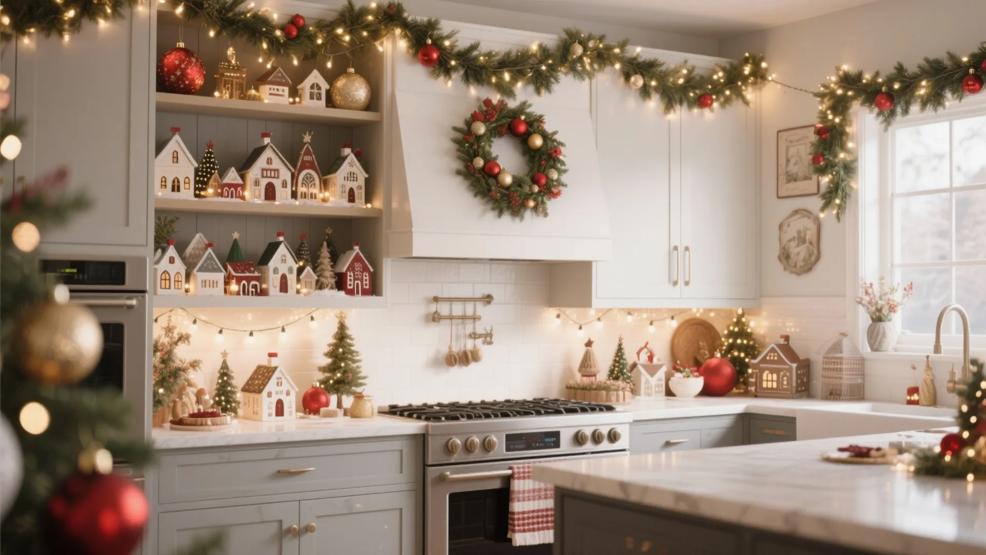 Festive kitchen interior with christmas decorations small toy houses wreaths and warm glowing string lights