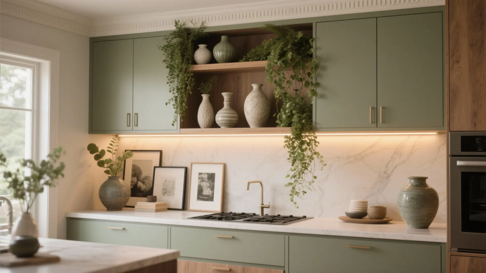Modern green kitchen cabinets with open wood shelves holding vases plants and marble pattern wall
