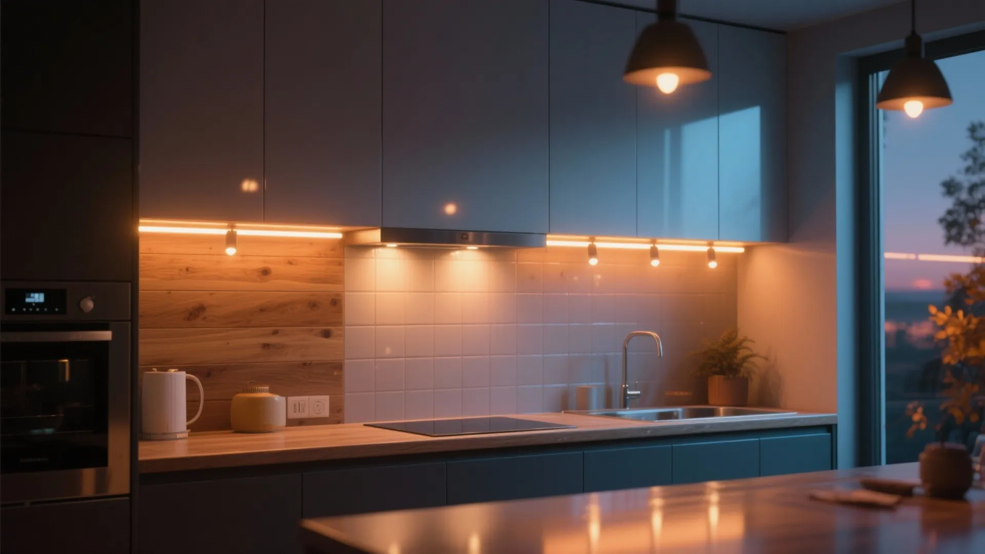 Modern kitchen with warm cabinet lighting over wood backsplash and dark grey cupboards during evening
