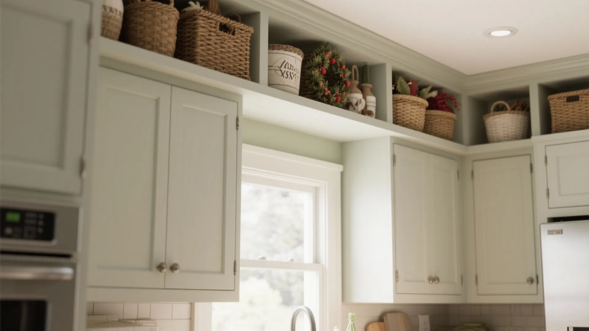Light green kitchen cabinets with open top shelves holding woven baskets and various decorative items