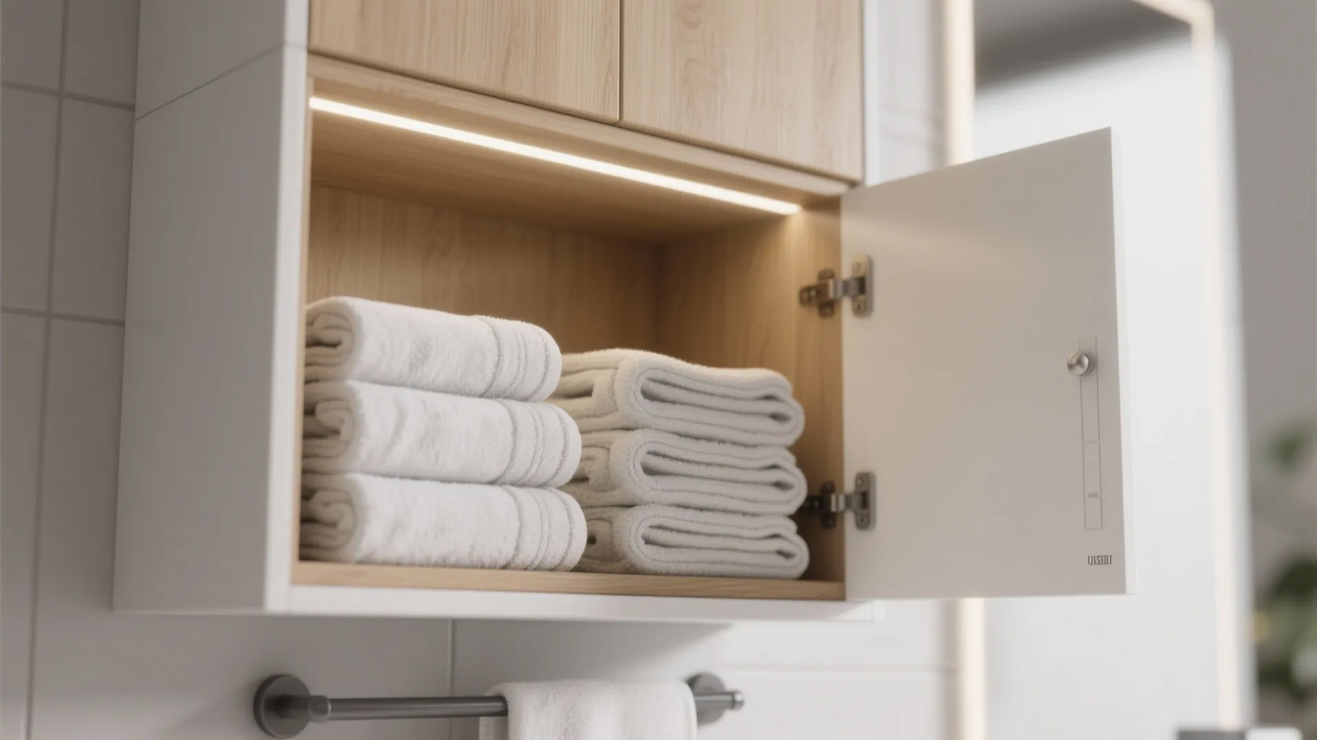White and wood wall cabinet with open door showing folded towels under built-in light strip