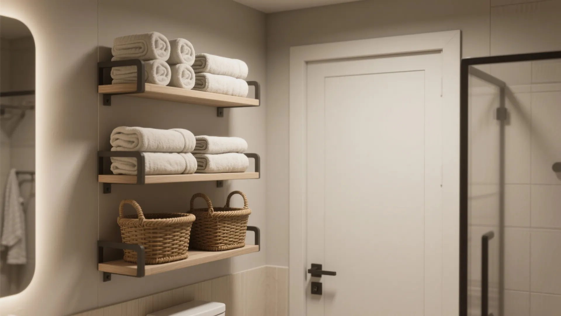 Wall mounted wooden shelves holding white rolled towels and brown baskets next to bathroom door