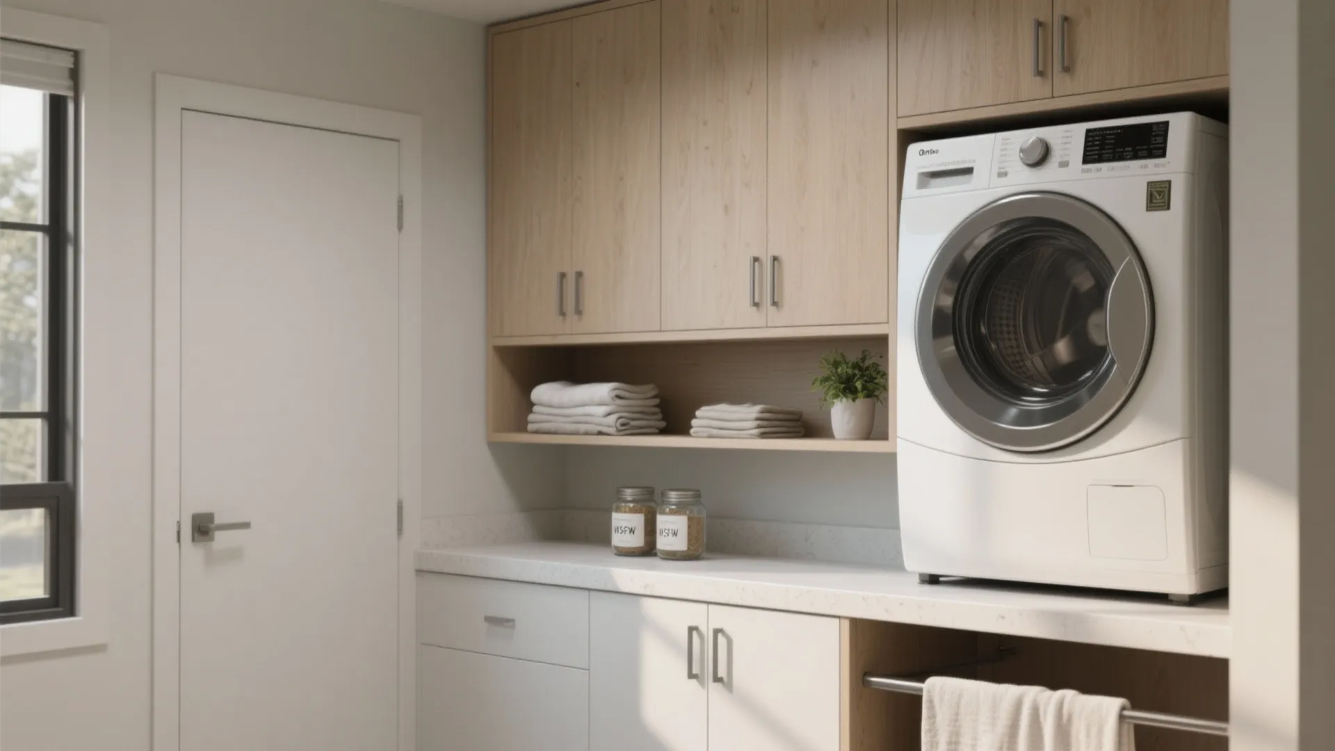 Modern laundry room with white washing machine wooden cabinets white countertop glass jars and door